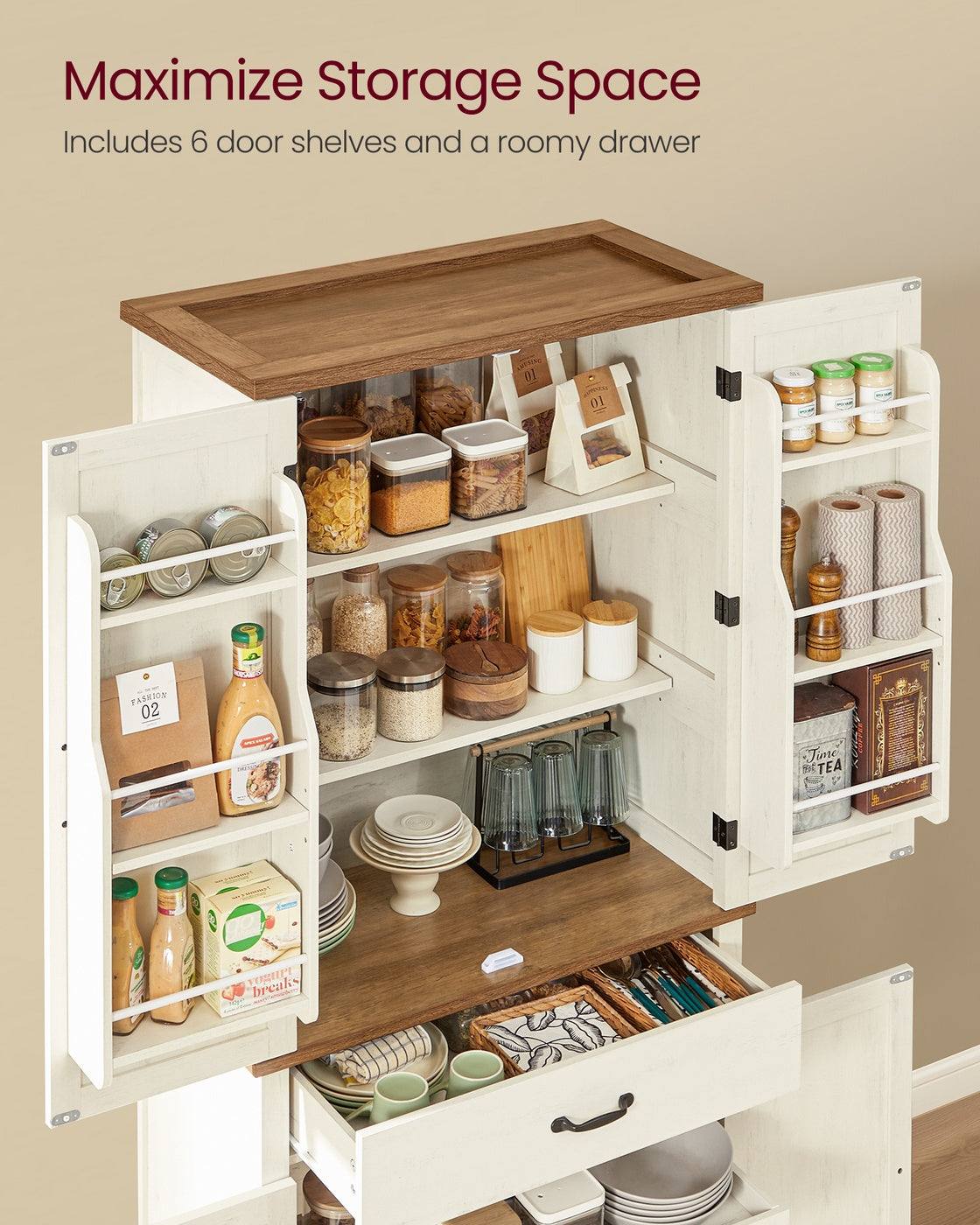 VASAGLE Liry Pantry Cabinet with Barn Doors – Rustic White
