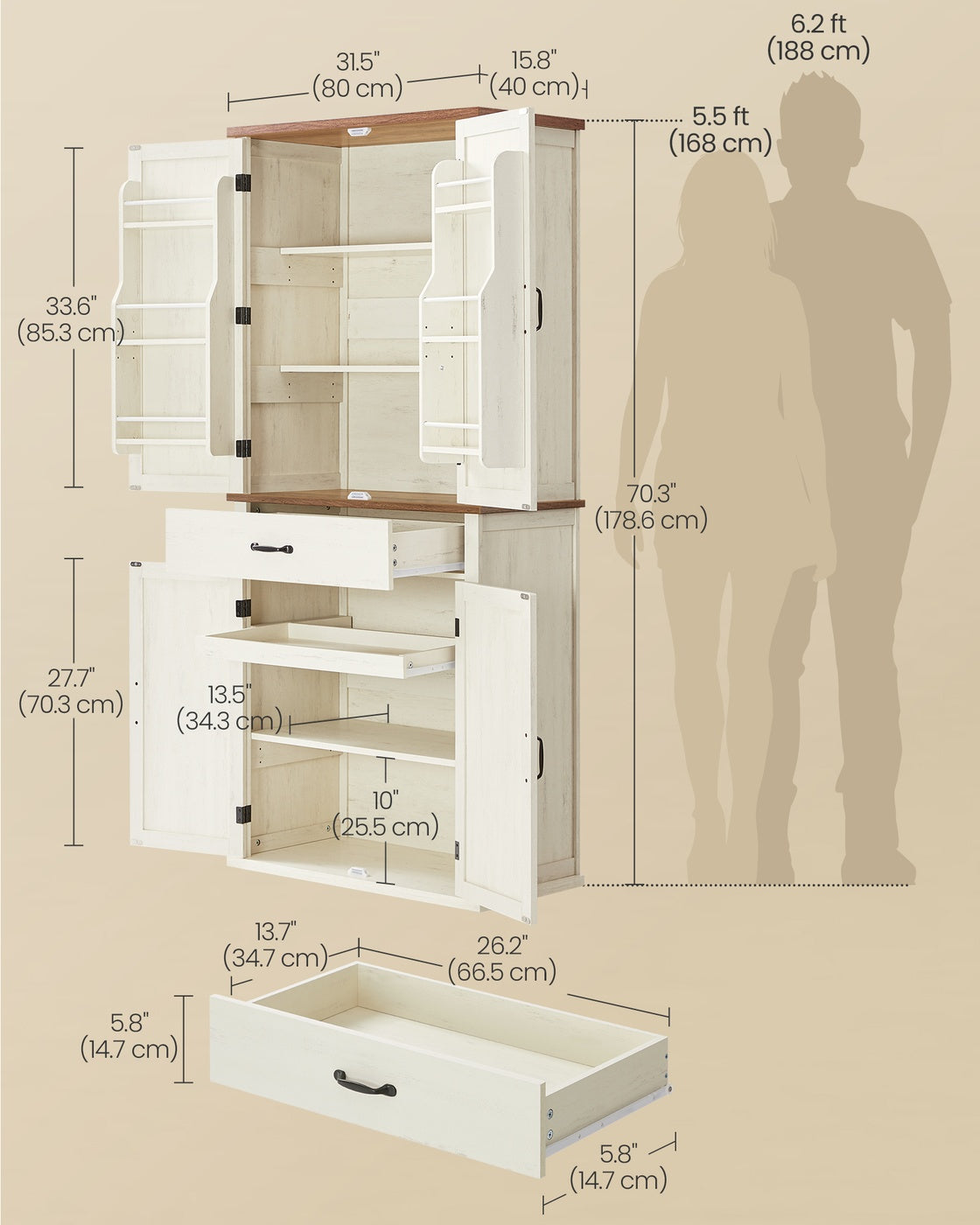 VASAGLE Liry Pantry Cabinet with Barn Doors – Rustic White