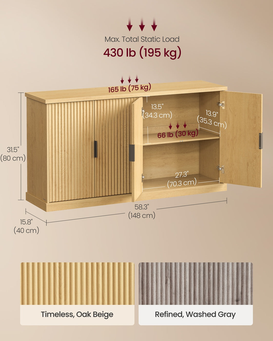 VASAGLE Maxe Buffet Cabinet, Console Cabinet – Oak Beige