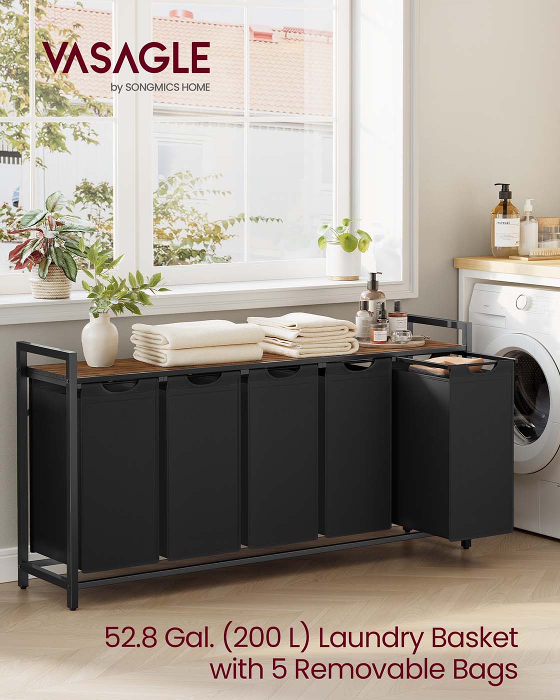 VASAGLE Laundry Hamper, 5 X 10.6 Gallons (40 L), 56.5 X 13 X 28.4 Inches – Ink Black, Rustic Brown