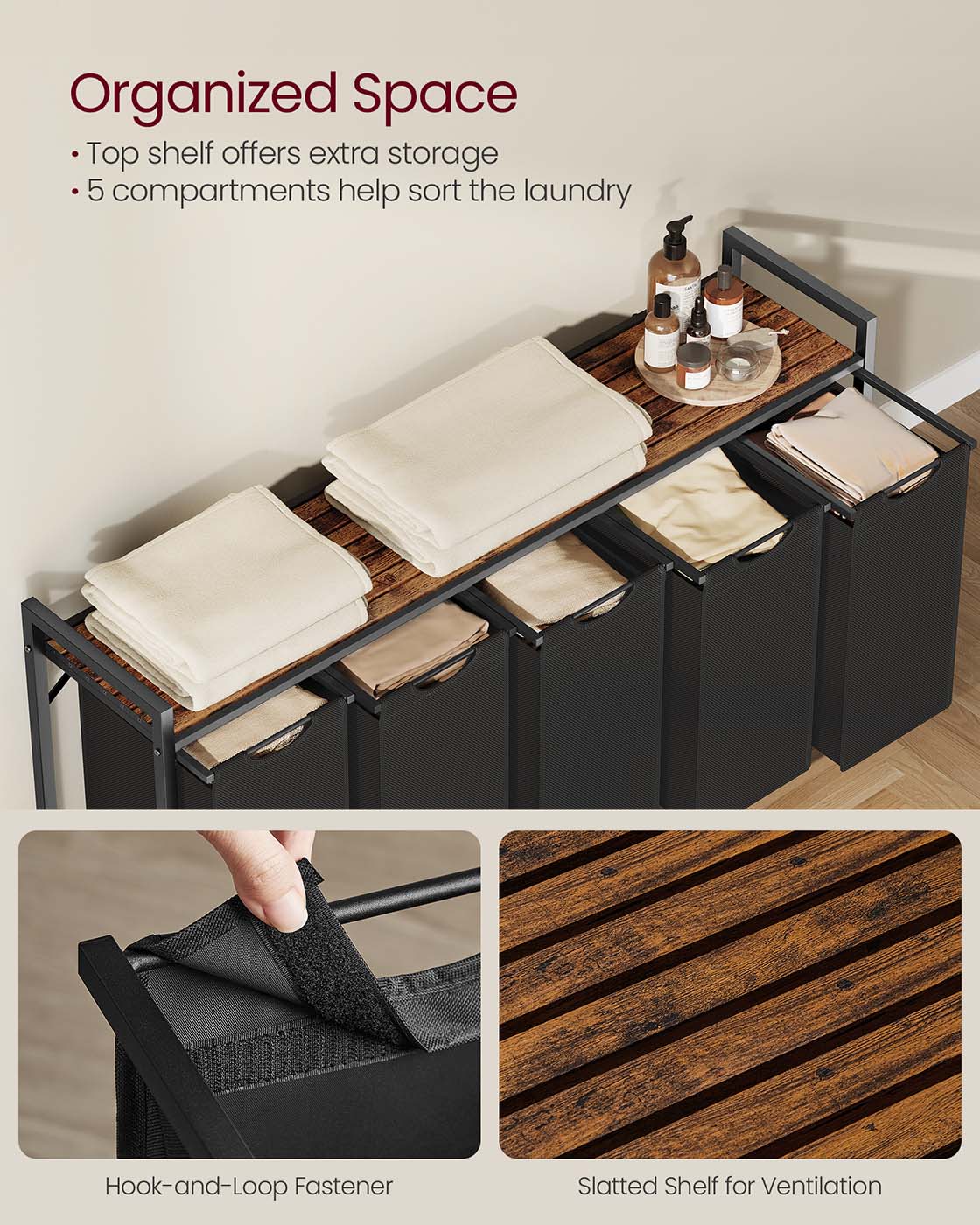 VASAGLE Laundry Hamper, 5 X 10.6 Gallons (40 L), 56.5 X 13 X 28.4 Inches – Ink Black, Rustic Brown