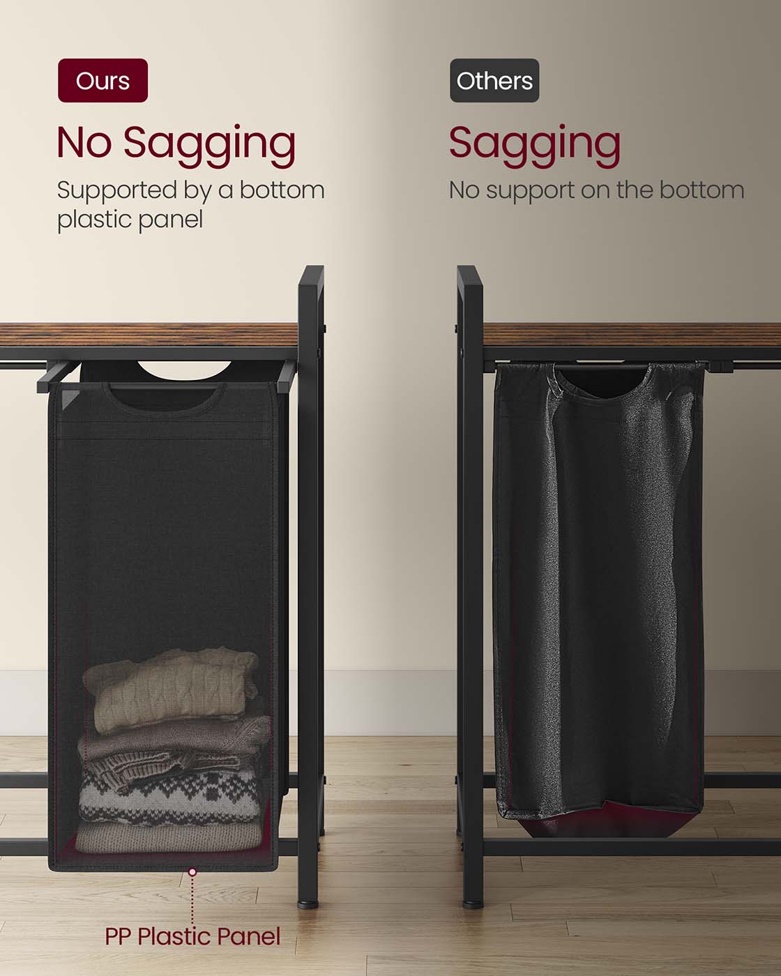 VASAGLE Laundry Hamper, 5 X 10.6 Gallons (40 L), 56.5 X 13 X 28.4 Inches – Ink Black, Rustic Brown
