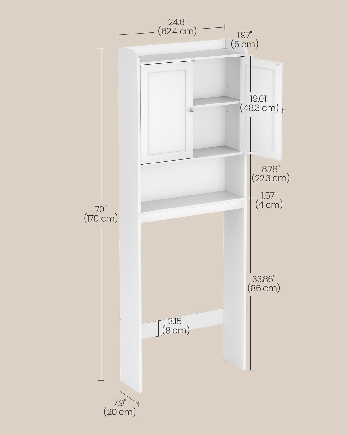 VASAGLE Over Toilet Storage Cabinet, 7.9 X 24. 6 X 70 Inches, Cloud White
