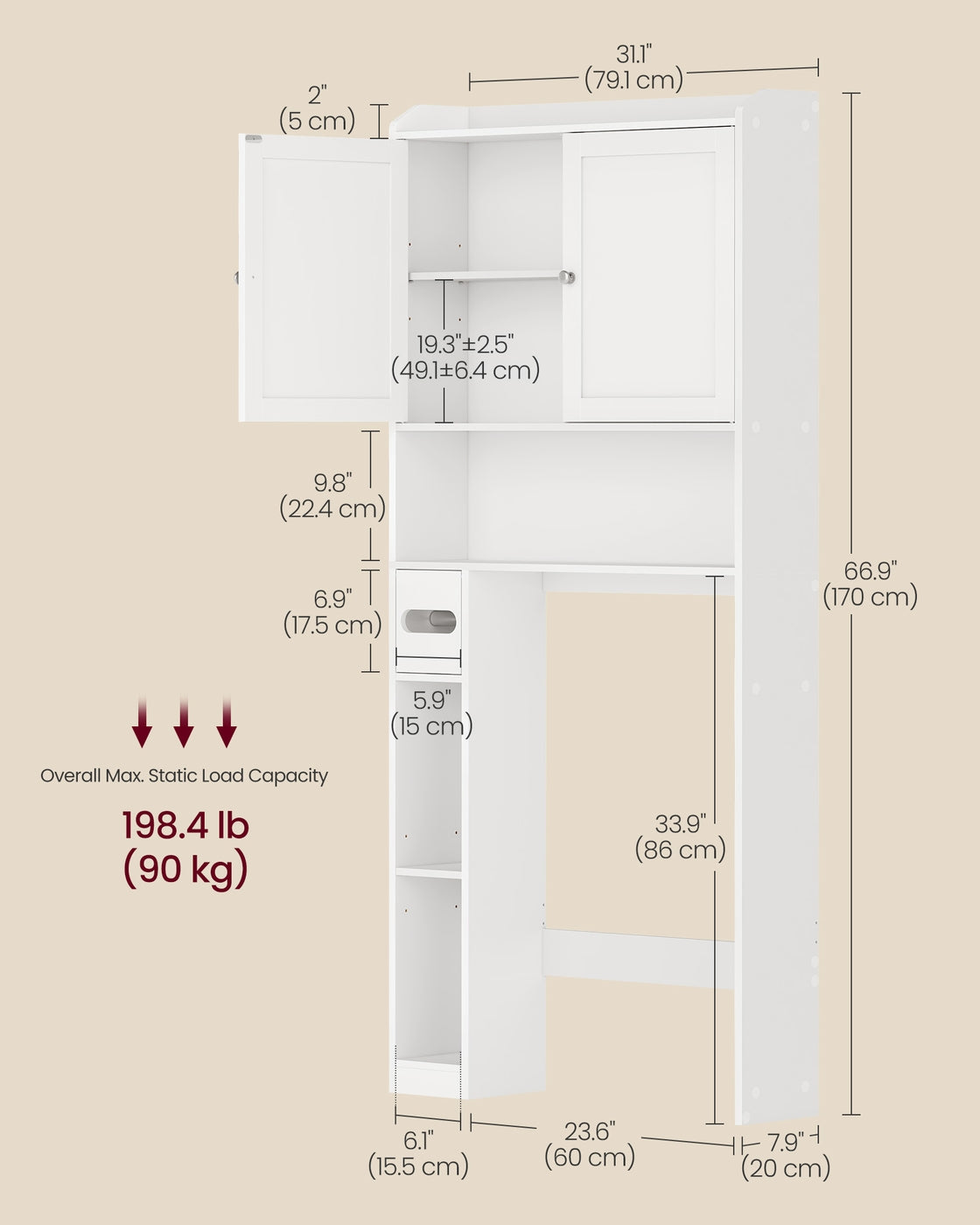 VASAGLE Bathroom Storage Shelf with Paper Holder Over Toilet – Cloud White