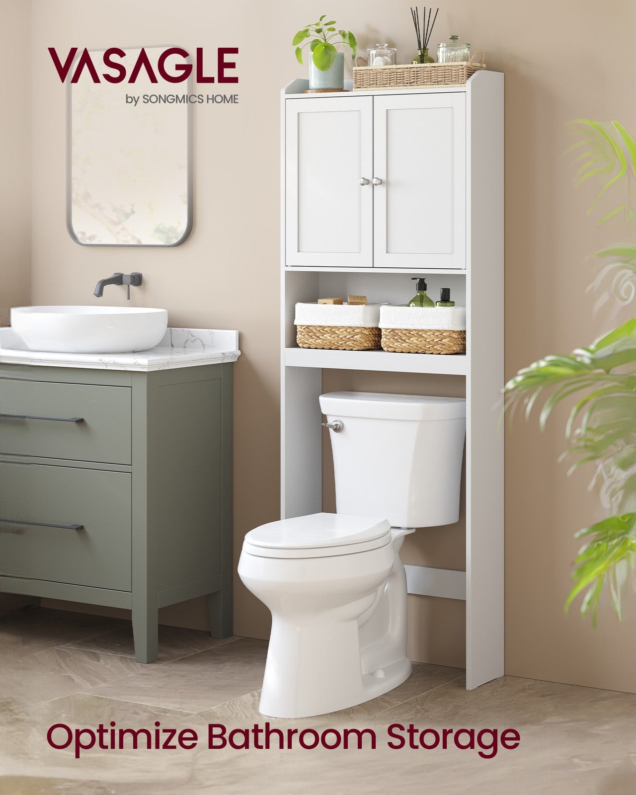 VASAGLE Bathroom Storage Shelf with Paper Holder Over Toilet – Cloud White