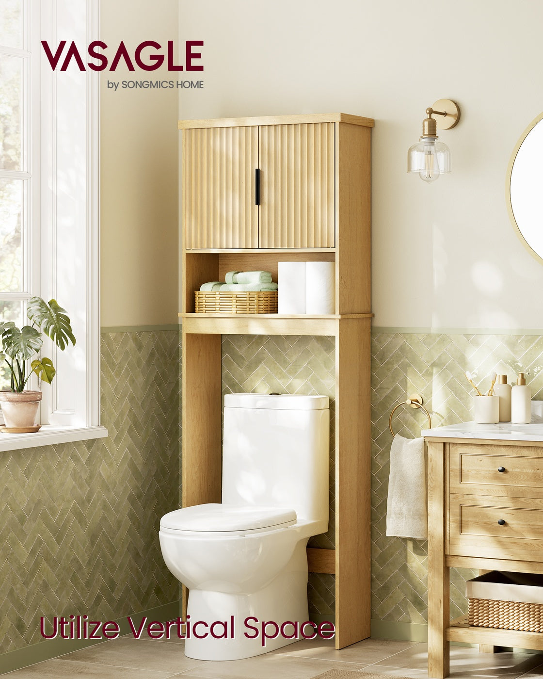 VASAGLE Maxe Over the Toilet Storage Cabinet, 23.6-Inch Wide Mid Century Modern, Oak Beige
