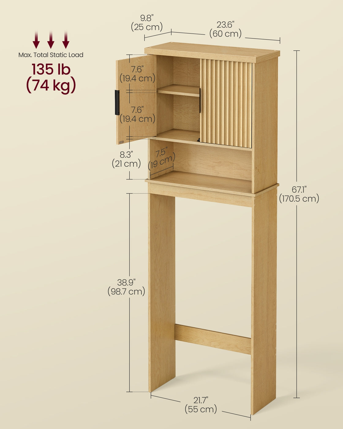 VASAGLE Maxe Over the Toilet Storage Cabinet, 23.6-Inch Wide Mid Century Modern, Oak Beige
