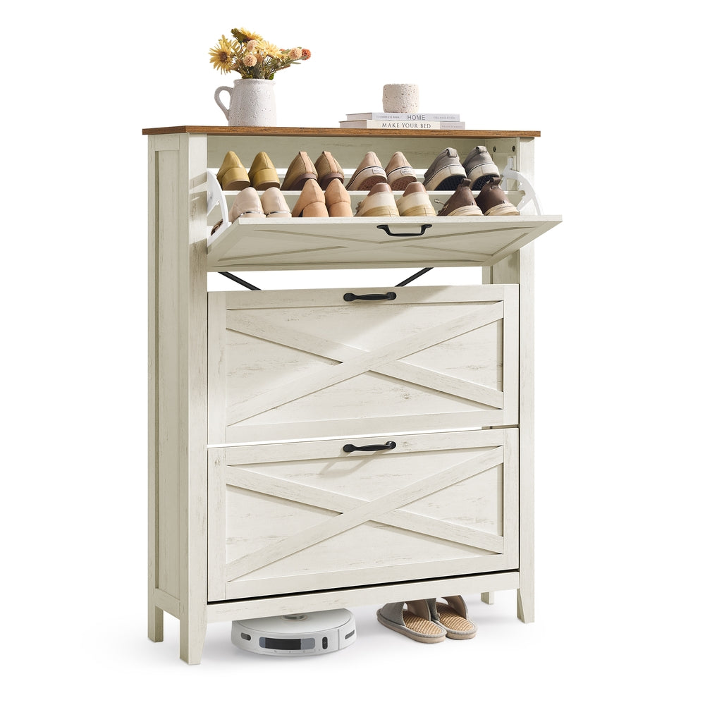 VASAGLE Liry Shoe Storage Cabinet Organizer with 3 Flip Drawers – Rustic White