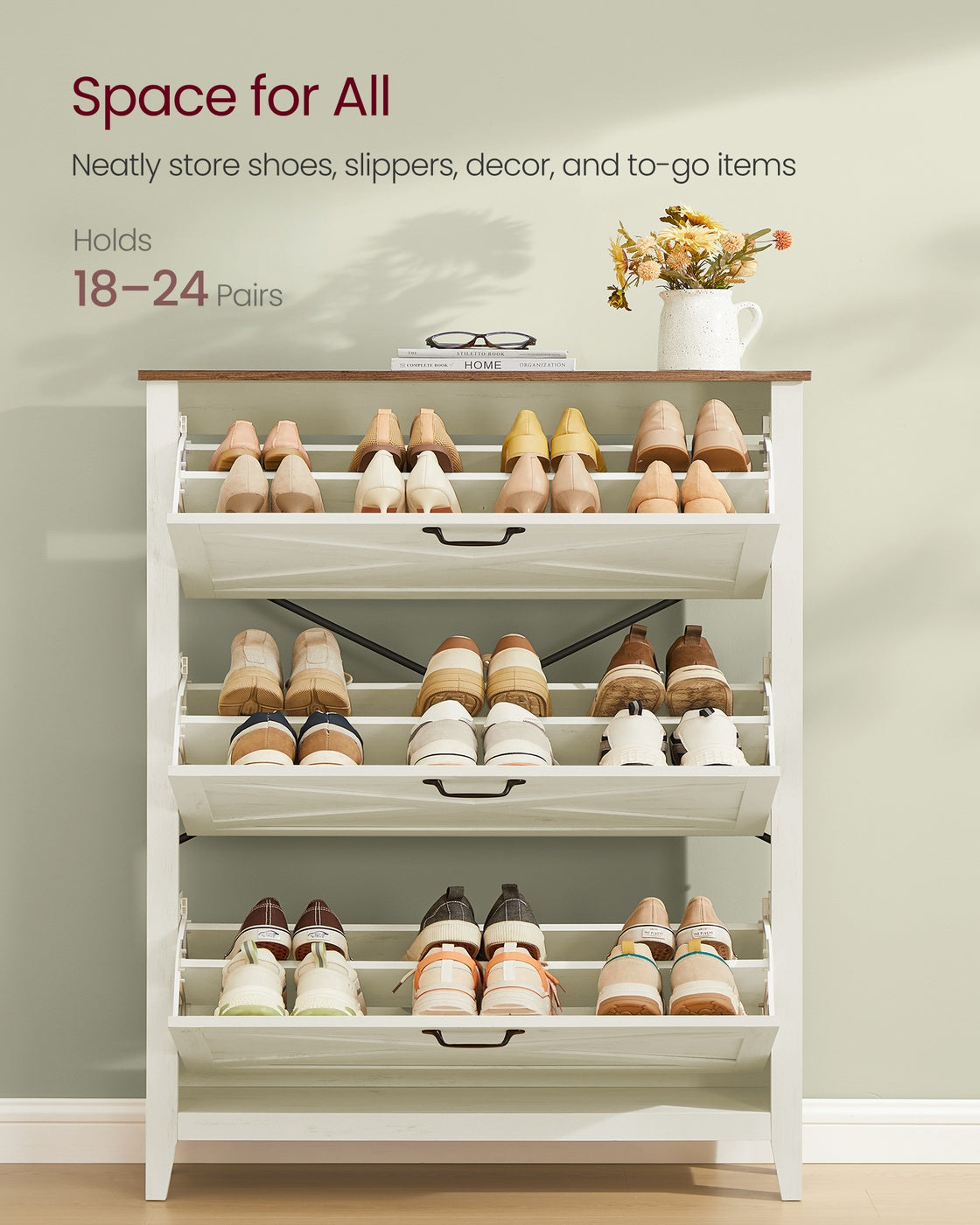 VASAGLE Liry Shoe Storage Cabinet Organizer with 3 Flip Drawers – Rustic White
