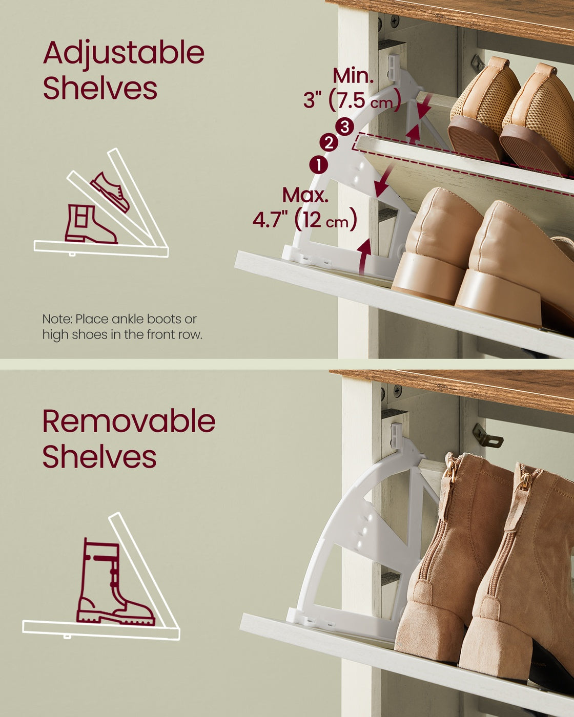 VASAGLE Liry Shoe Storage Cabinet Organizer with 3 Flip Drawers – Rustic White