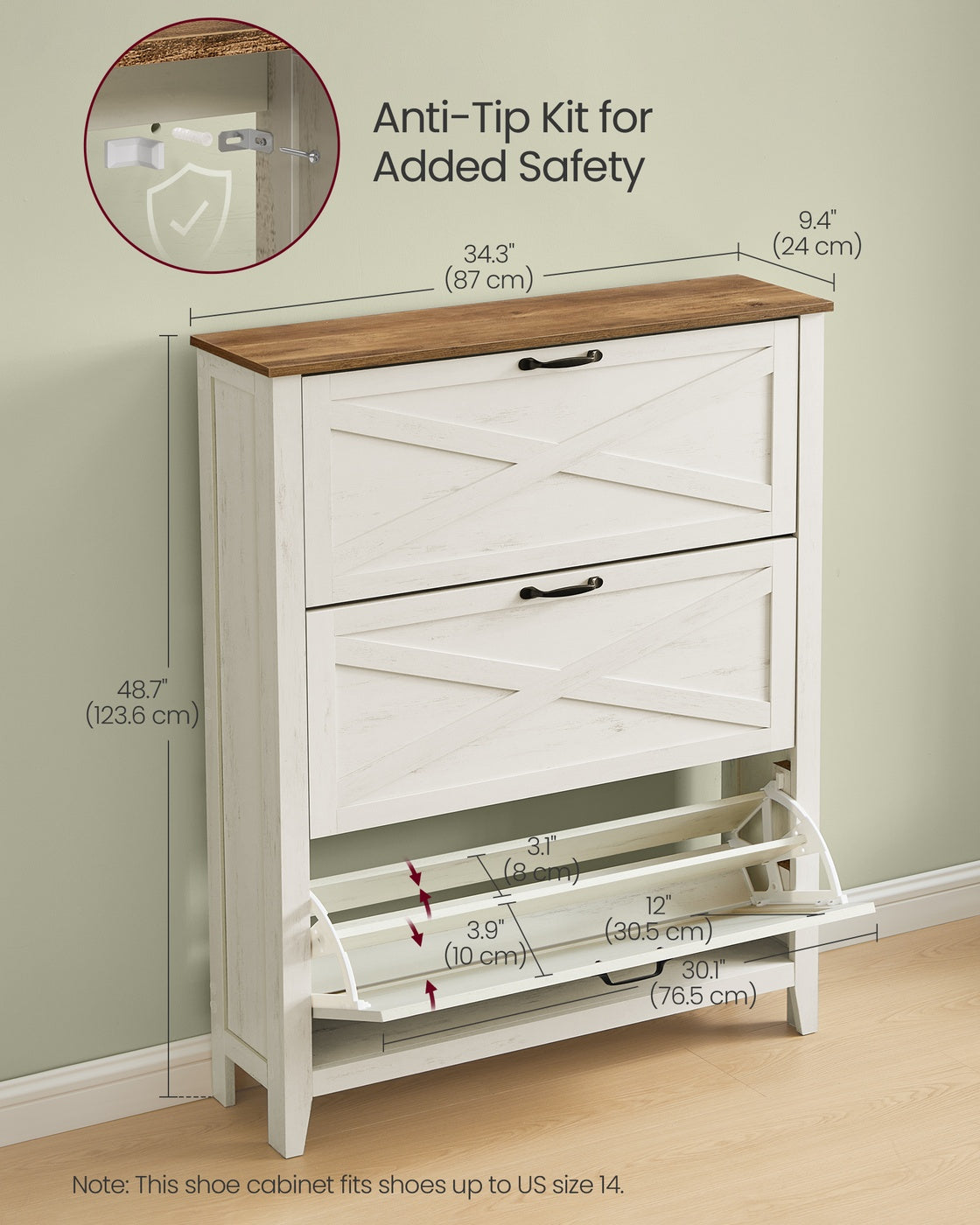 VASAGLE Liry Shoe Storage Cabinet Organizer with 3 Flip Drawers – Rustic White