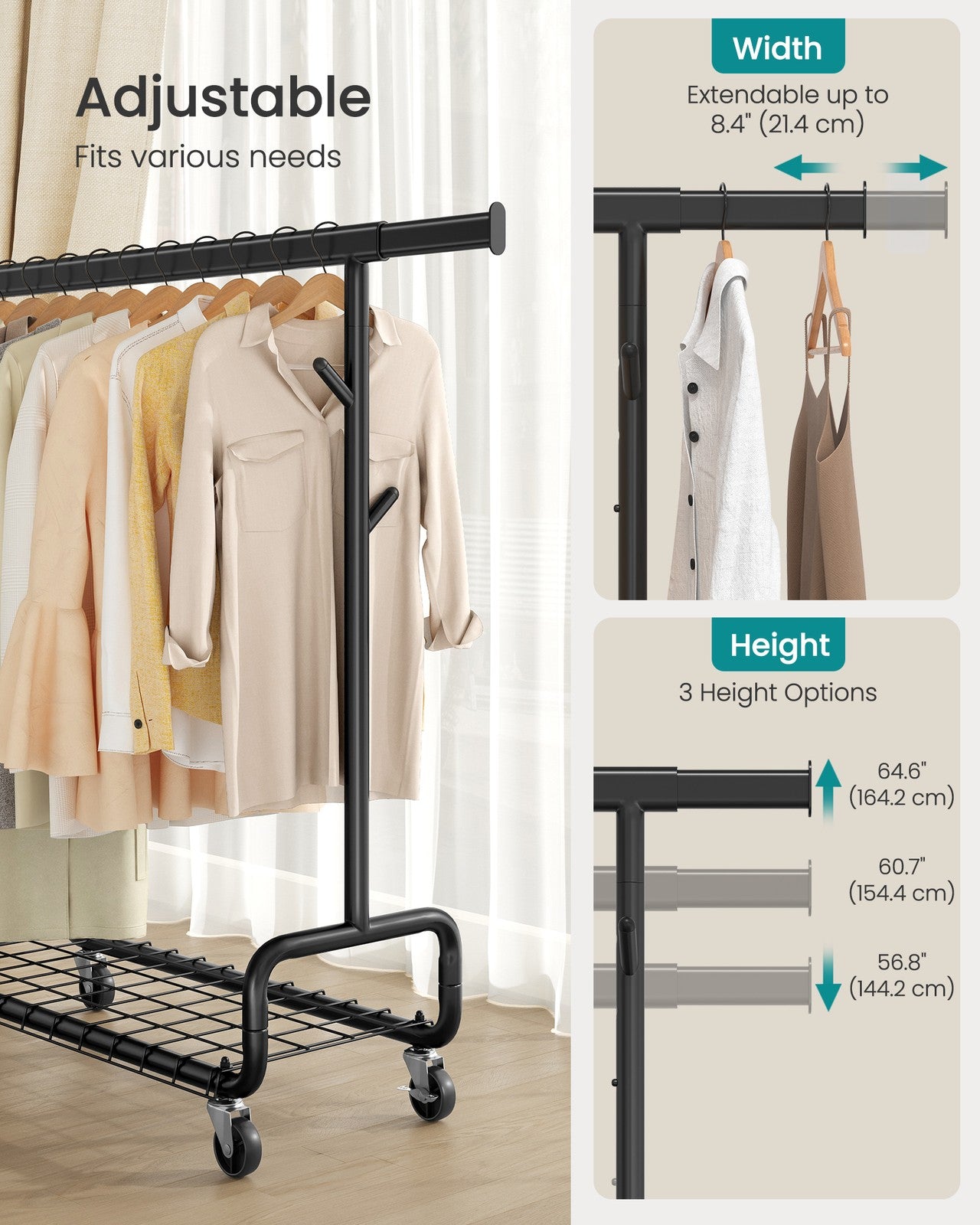 SONGMICS Clothes Rack, Heavy-Duty Rolling Clothing Garment Rack, Ink Black