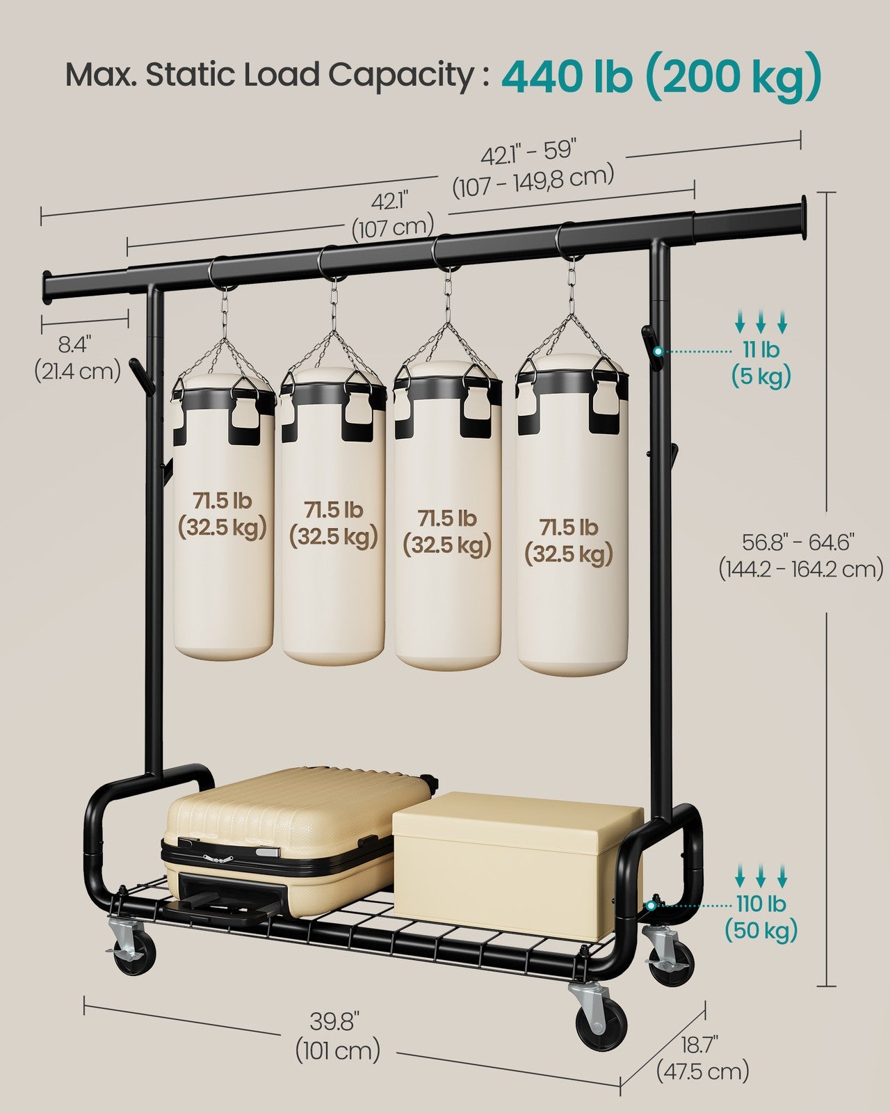 SONGMICS Clothes Rack, Heavy-Duty Rolling Clothing Garment Rack, Ink Black