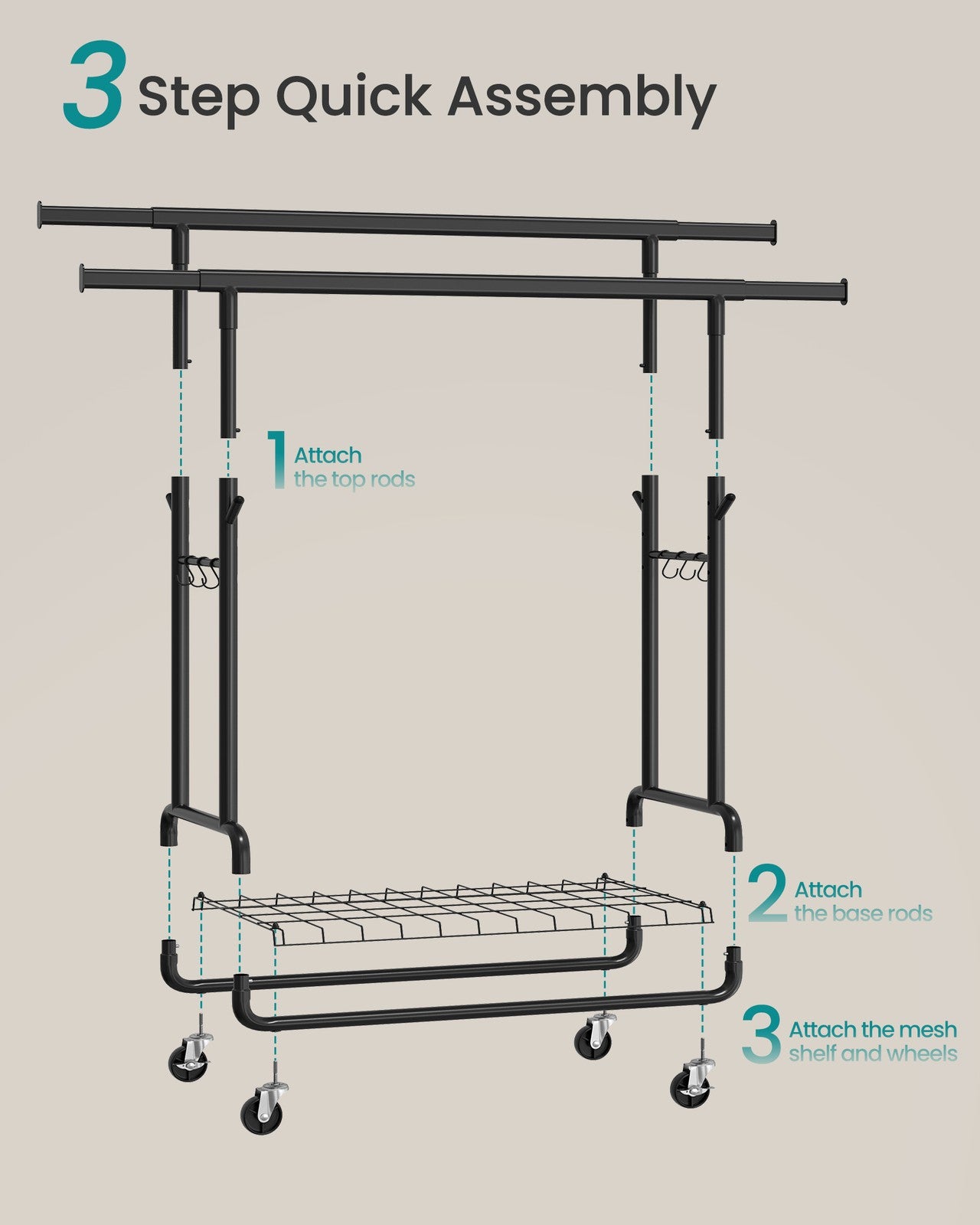 SONGMICS Clothes Rack, Heavy-Duty Rolling with Wheels, Ink Black