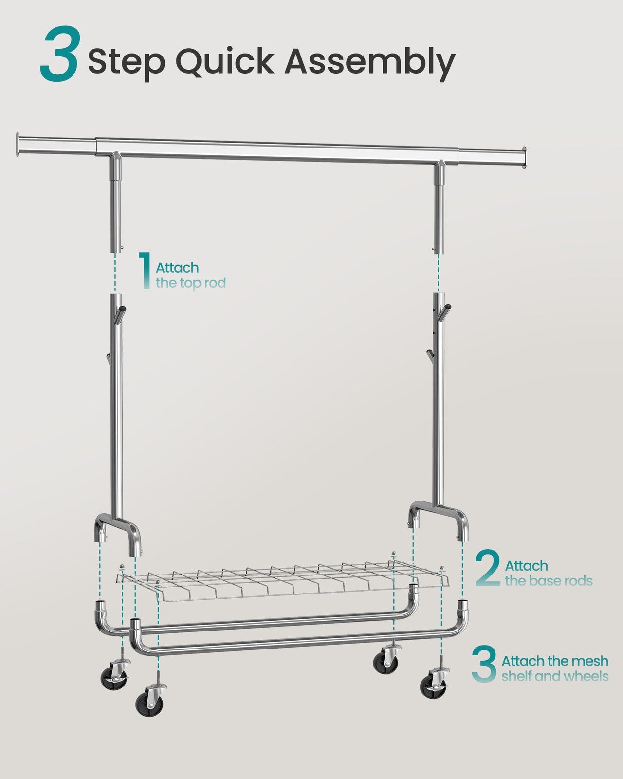SONGMICS Clothes Rack, Heavy-Duty Rolling with Wheels, Silver