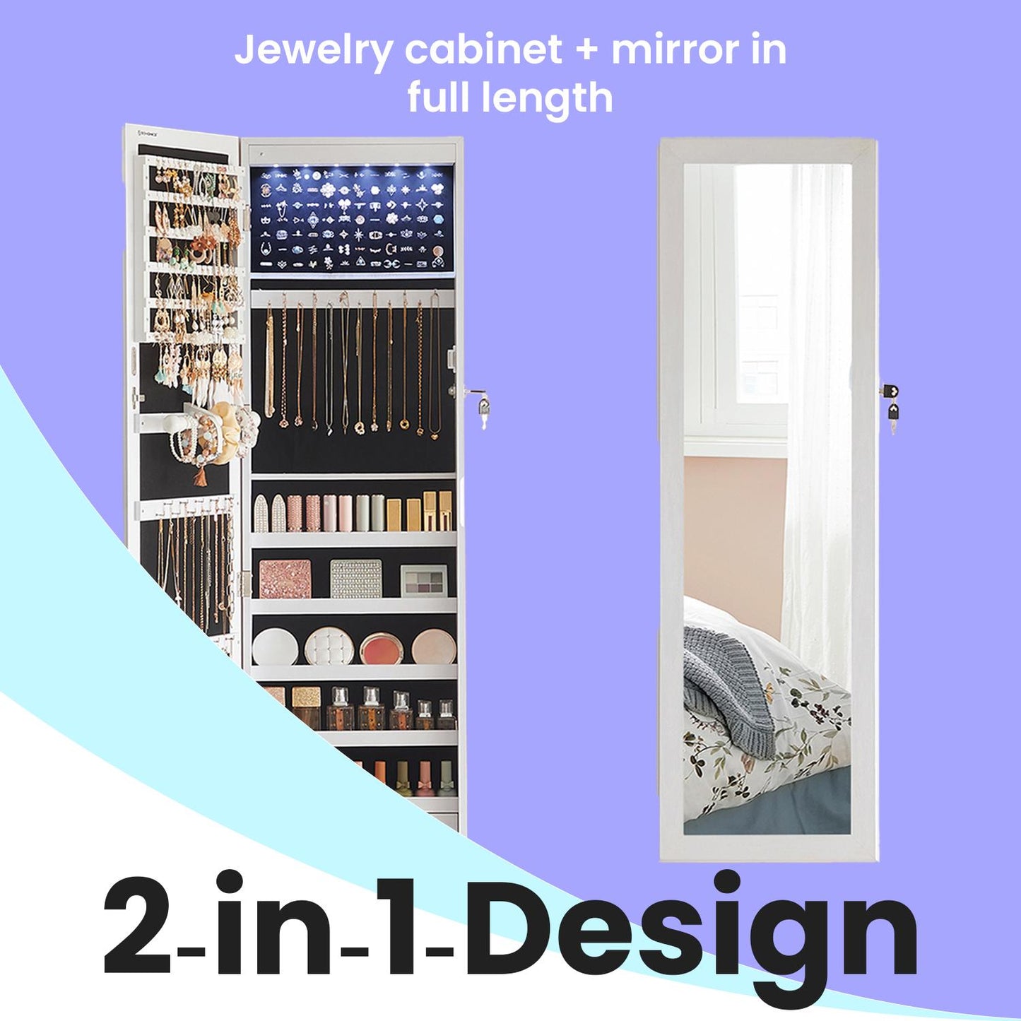 SONGMICS Lockable Mirror Jewelry Armoire with Lights for Wall or Door – White