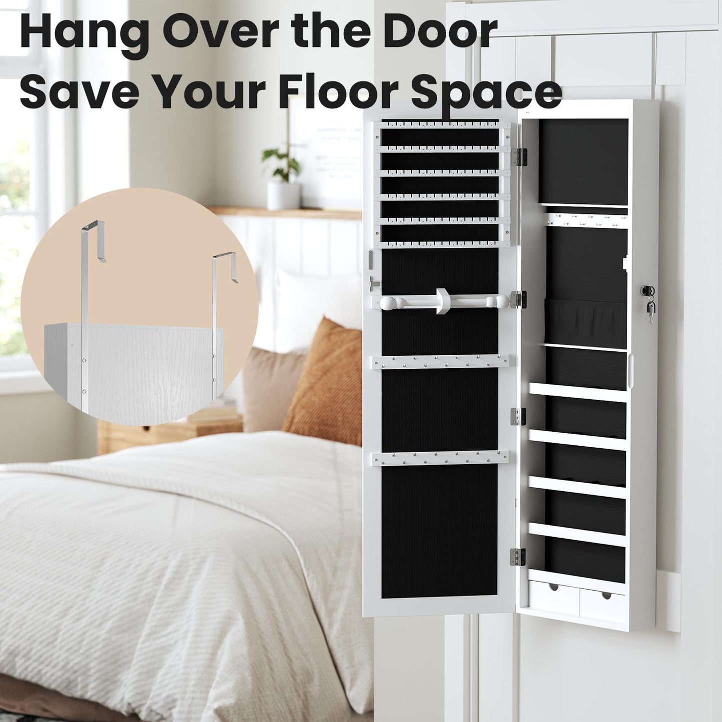 SONGMICS Lockable Mirror Jewelry Armoire with Lights for Wall or Door – White