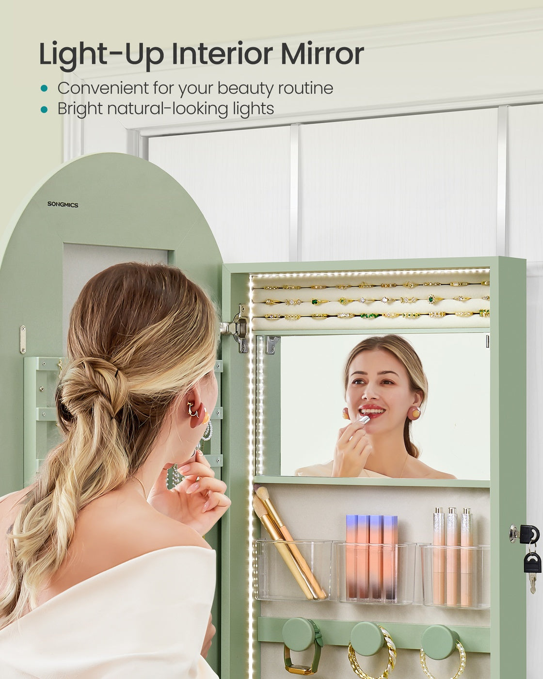 SONGMICS Wide LED Jewelry Cabinet Wall/Door Mounted – Laurel Green