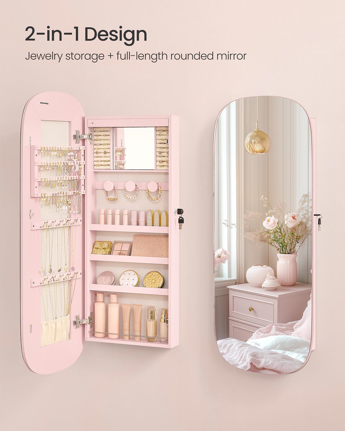 SONGMICS LED Jewelry Cabinet Wall/Door Mounted Jelly Pink Surface with Cream White Lining – Jelly Pink Surface, Cream White Lining