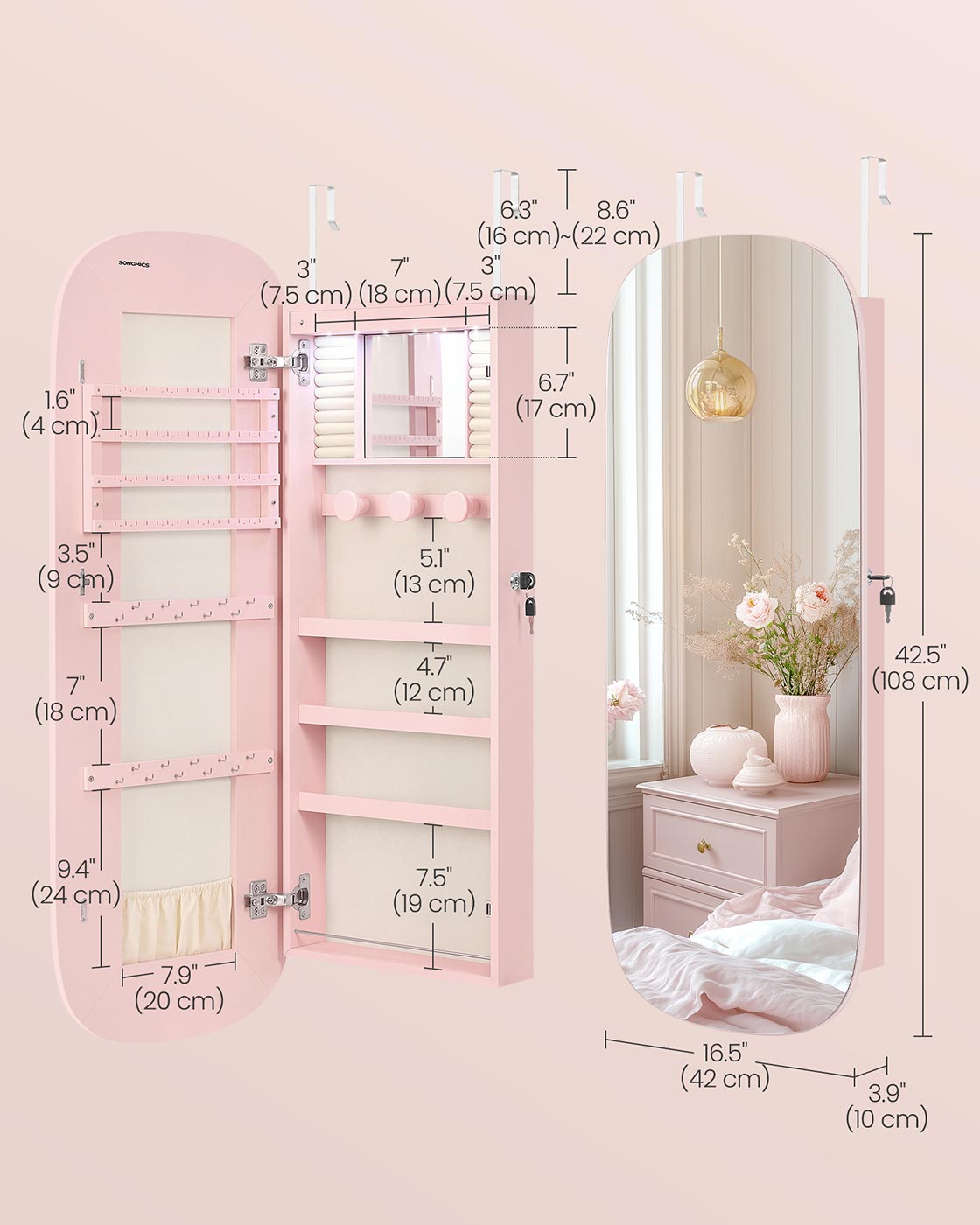 SONGMICS LED Jewelry Cabinet Wall/Door Mounted Jelly Pink Surface with Cream White Lining – Jelly Pink Surface, Cream White Lining