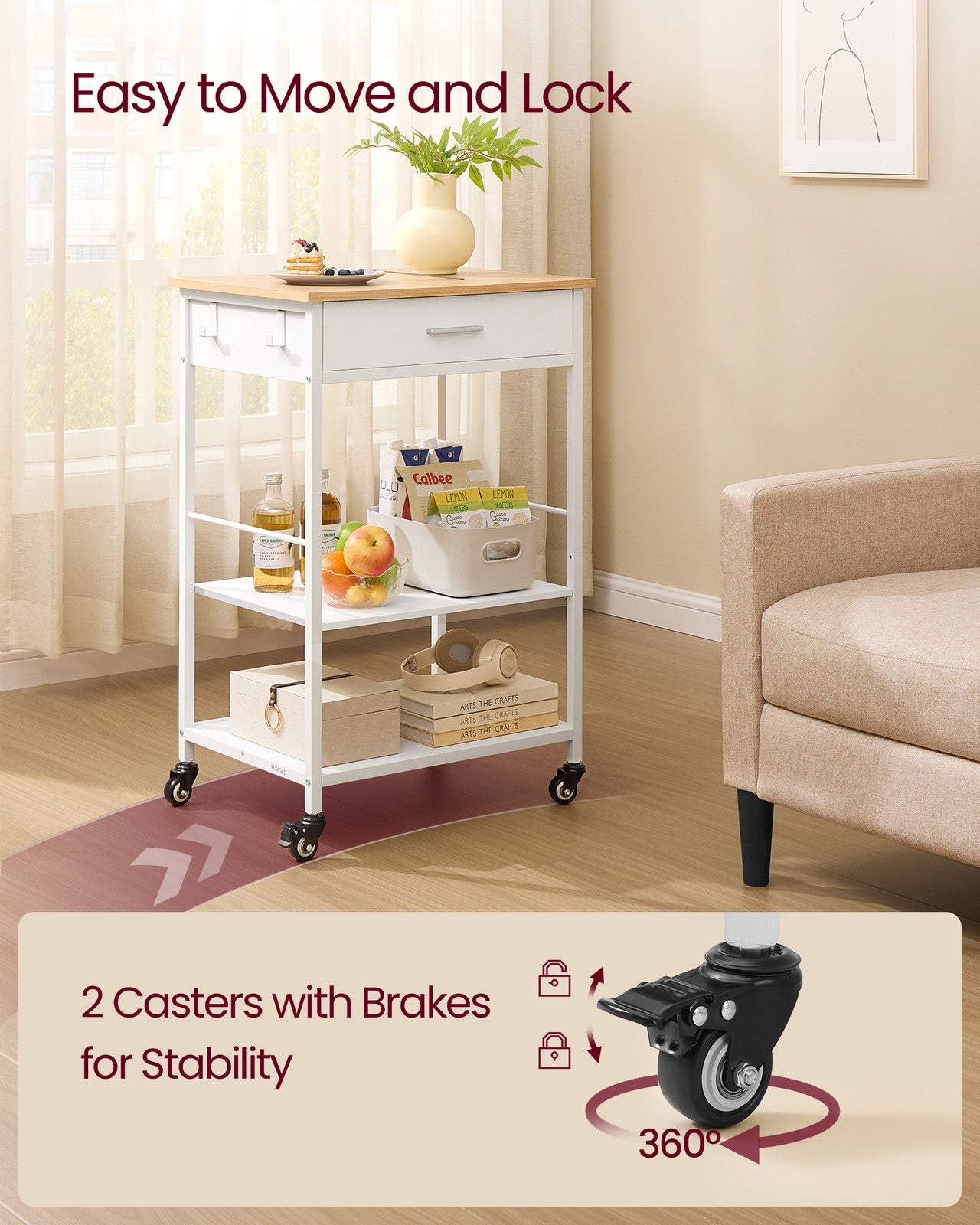 VASAGLE Kitchen Rolling Island, Mobile Kitchen Cart with Storage On Wheels – Oak Beige, Matte White – 17.7"D x 23.6"W x 35.4"H