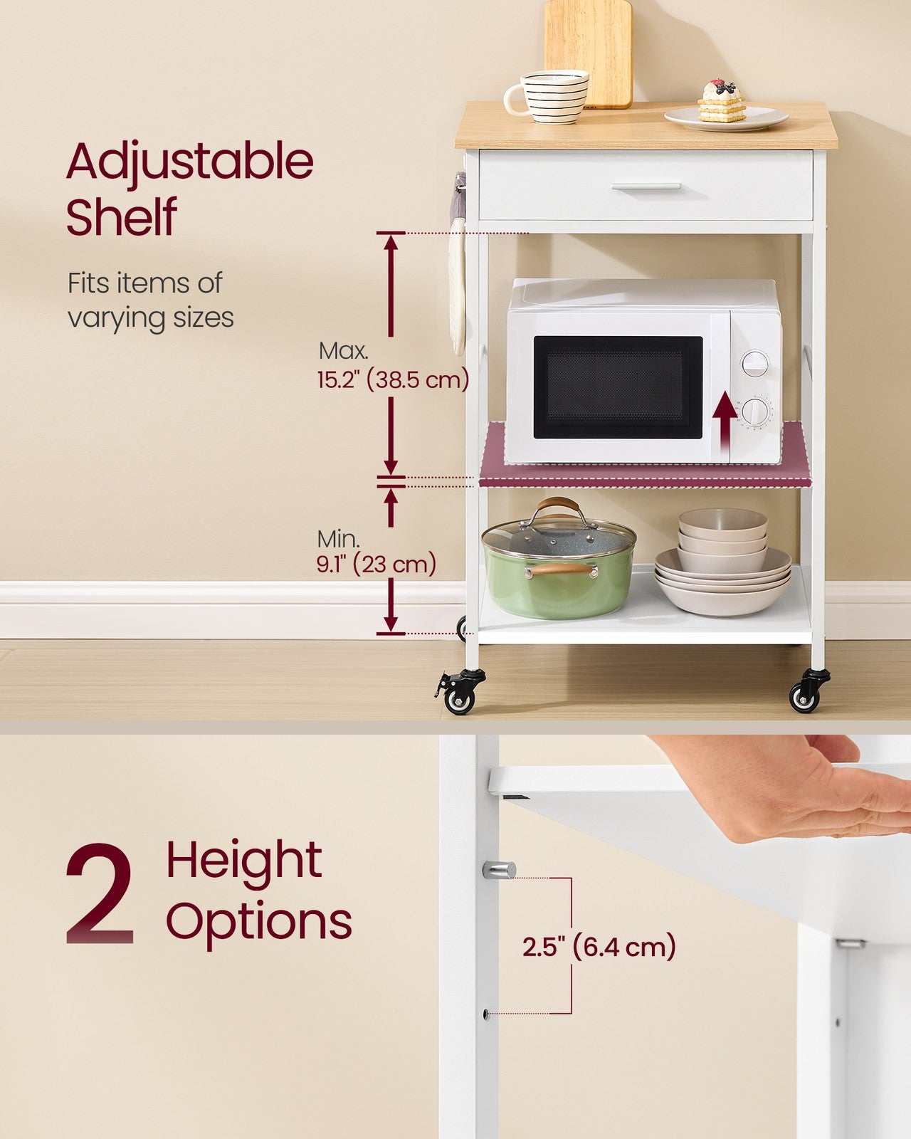 VASAGLE Kitchen Rolling Island, Mobile Kitchen Cart with Storage On Wheels – Oak Beige, Matte White – 17.7"D x 23.6"W x 35.4"H