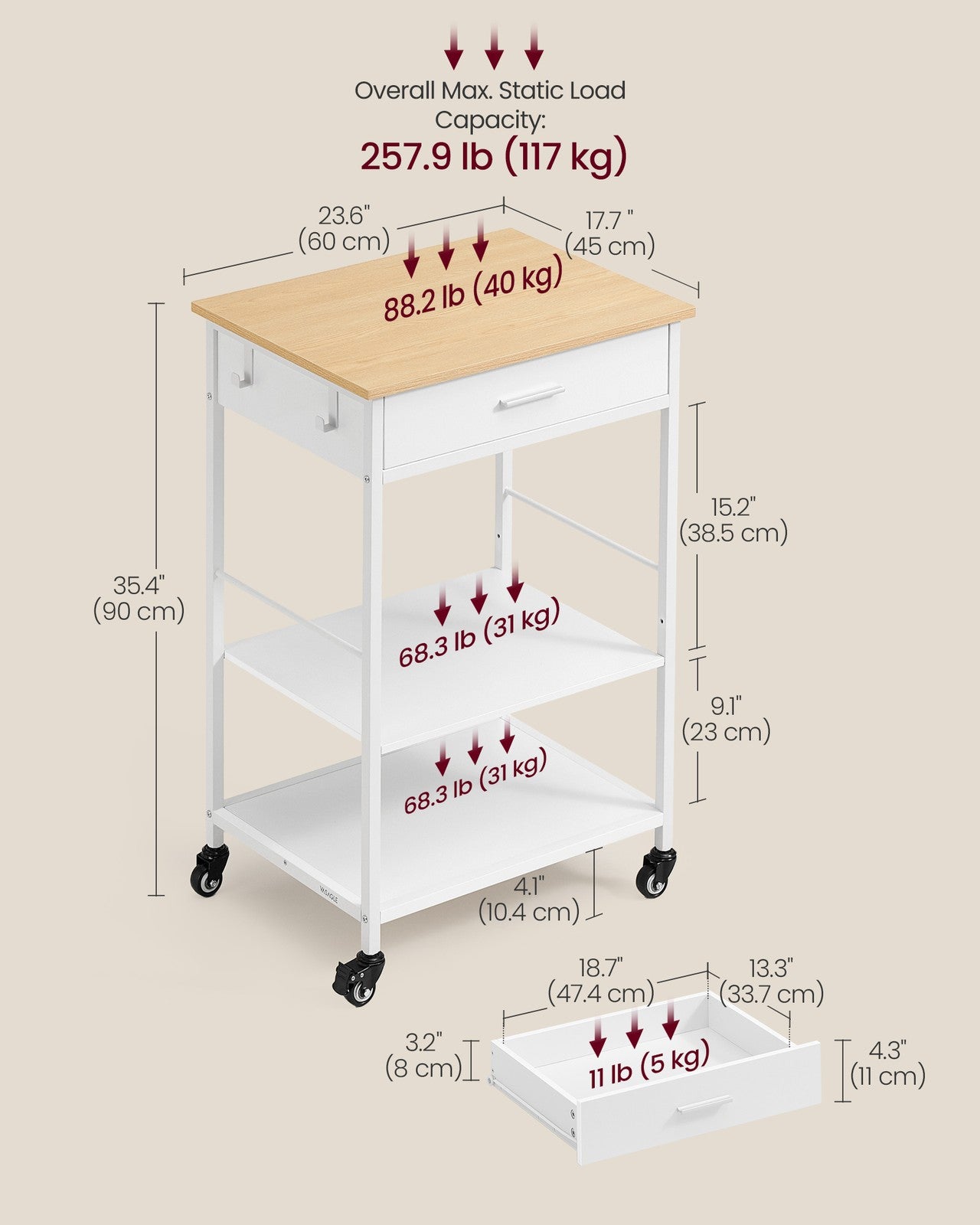 VASAGLE Kitchen Rolling Island, Mobile Kitchen Cart with Storage On Wheels – Oak Beige, Matte White – 17.7"D x 23.6"W x 35.4"H