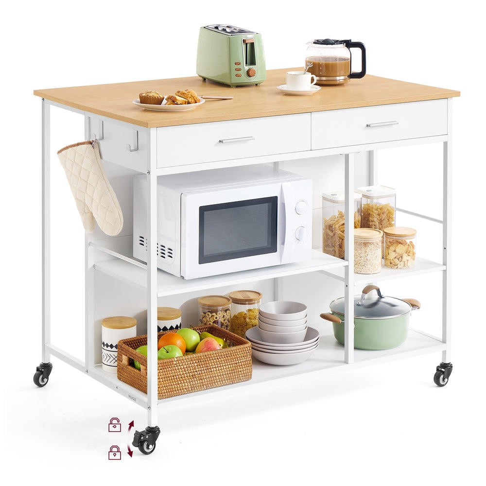 VASAGLE Kitchen Rolling Island, Mobile Kitchen Cart with Storage On Wheels – Oak Beige, Matte White – 27.6"D x 43.3"W x 35.4"H