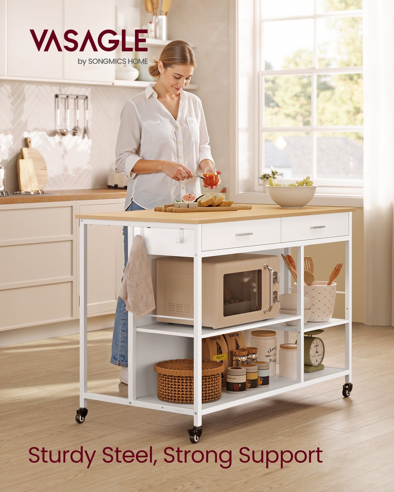 VASAGLE Kitchen Rolling Island, Mobile Kitchen Cart with Storage On Wheels – Oak Beige, Matte White – 27.6"D x 43.3"W x 35.4"H