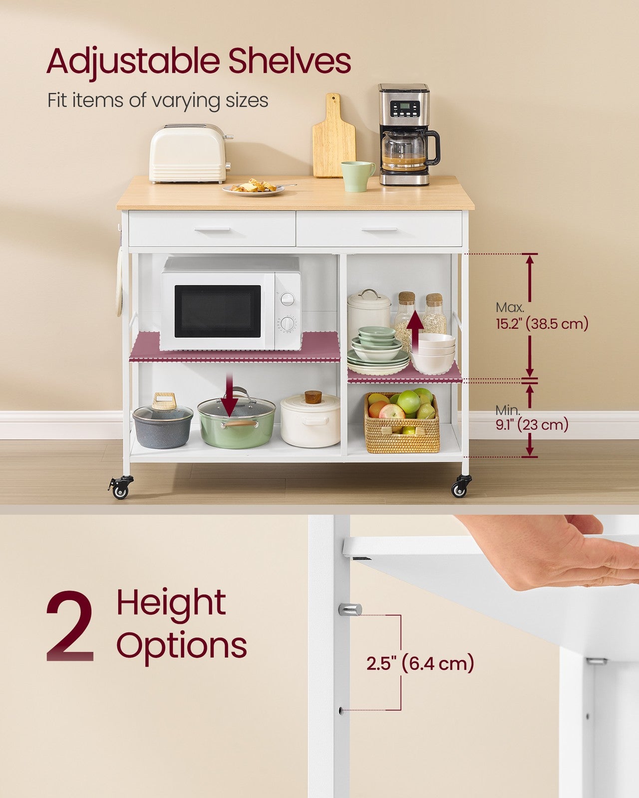 VASAGLE Kitchen Rolling Island, Mobile Kitchen Cart with Storage On Wheels – Oak Beige, Matte White – 27.6"D x 43.3"W x 35.4"H