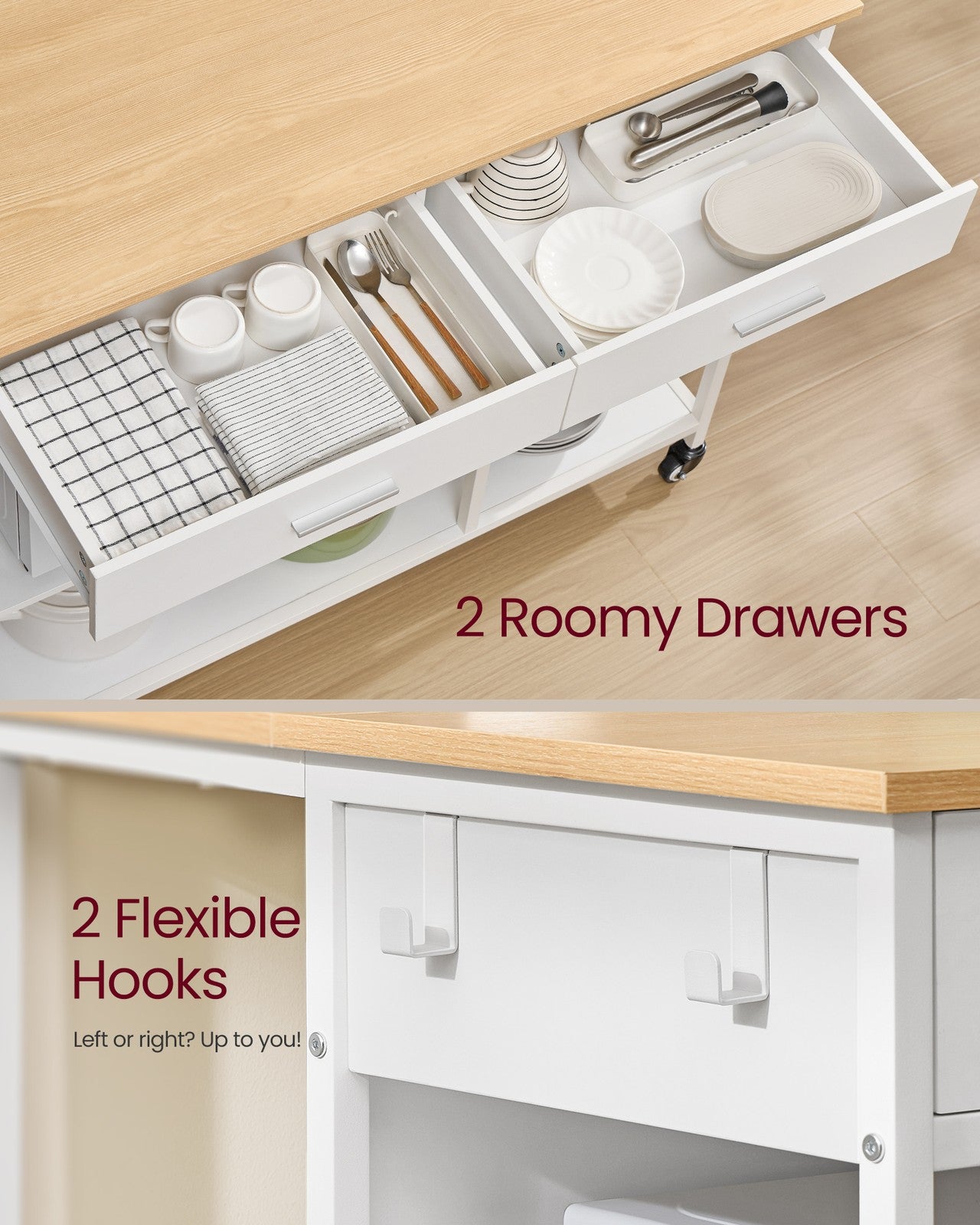 VASAGLE Kitchen Rolling Island, Mobile Kitchen Cart with Storage On Wheels – Oak Beige, Matte White – 27.6"D x 43.3"W x 35.4"H