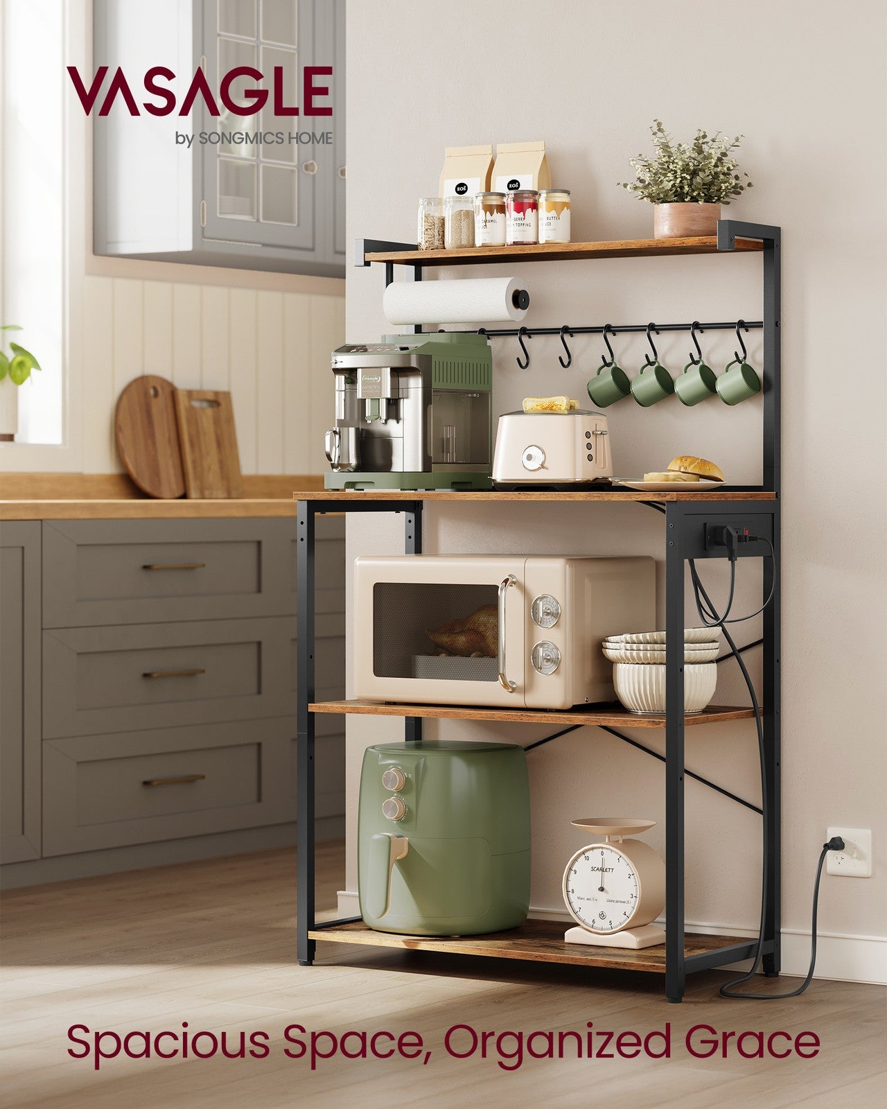 VASAGLE Barnet Kitchen Bakers Rack with Power Outlet – Rustic Brown, Ink Black