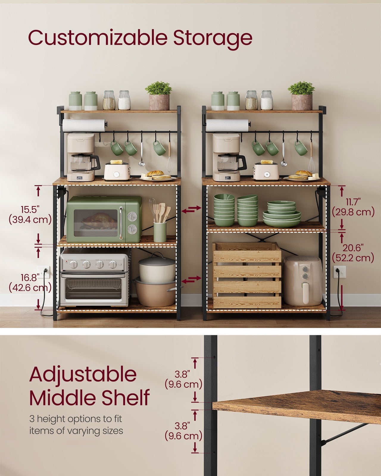 VASAGLE Barnet Kitchen Bakers Rack with Power Outlet – Rustic Brown, Ink Black