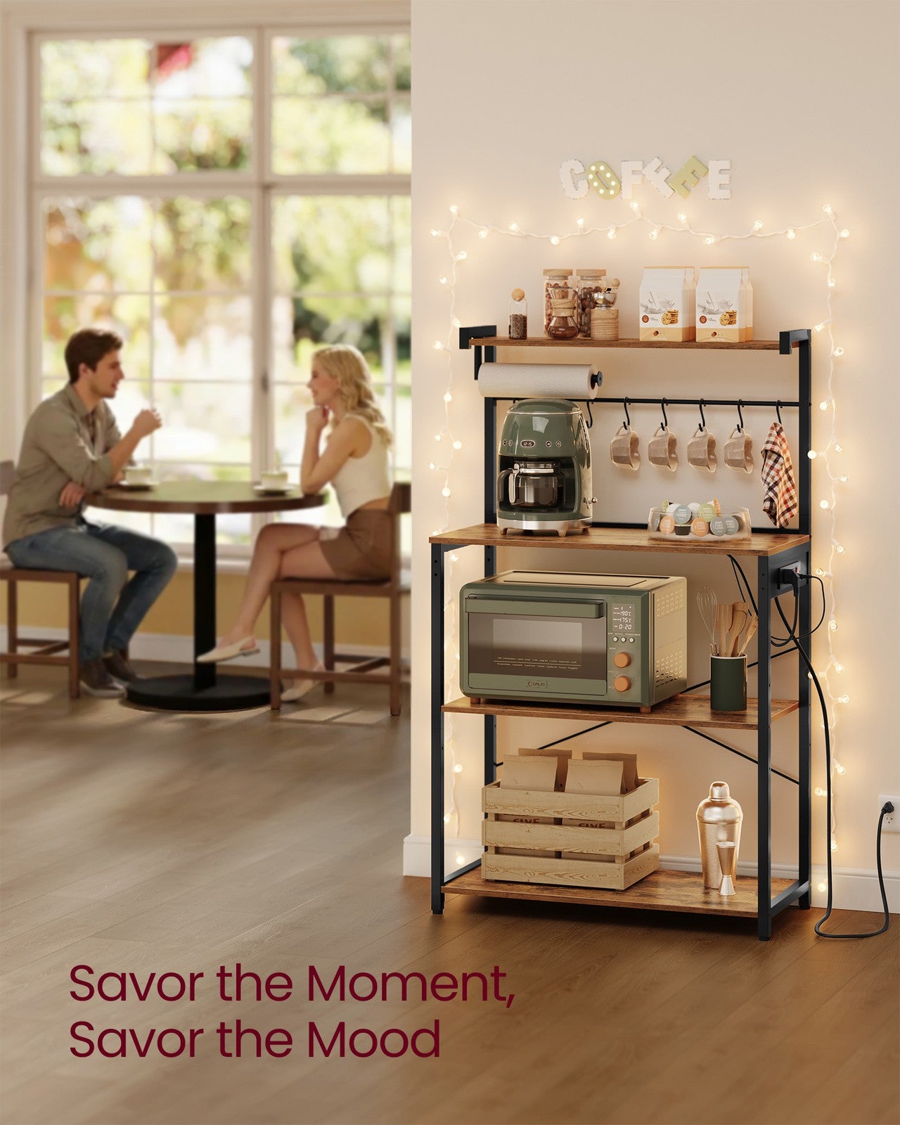 VASAGLE Barnet Kitchen Bakers Rack with Power Outlet – Rustic Brown, Ink Black