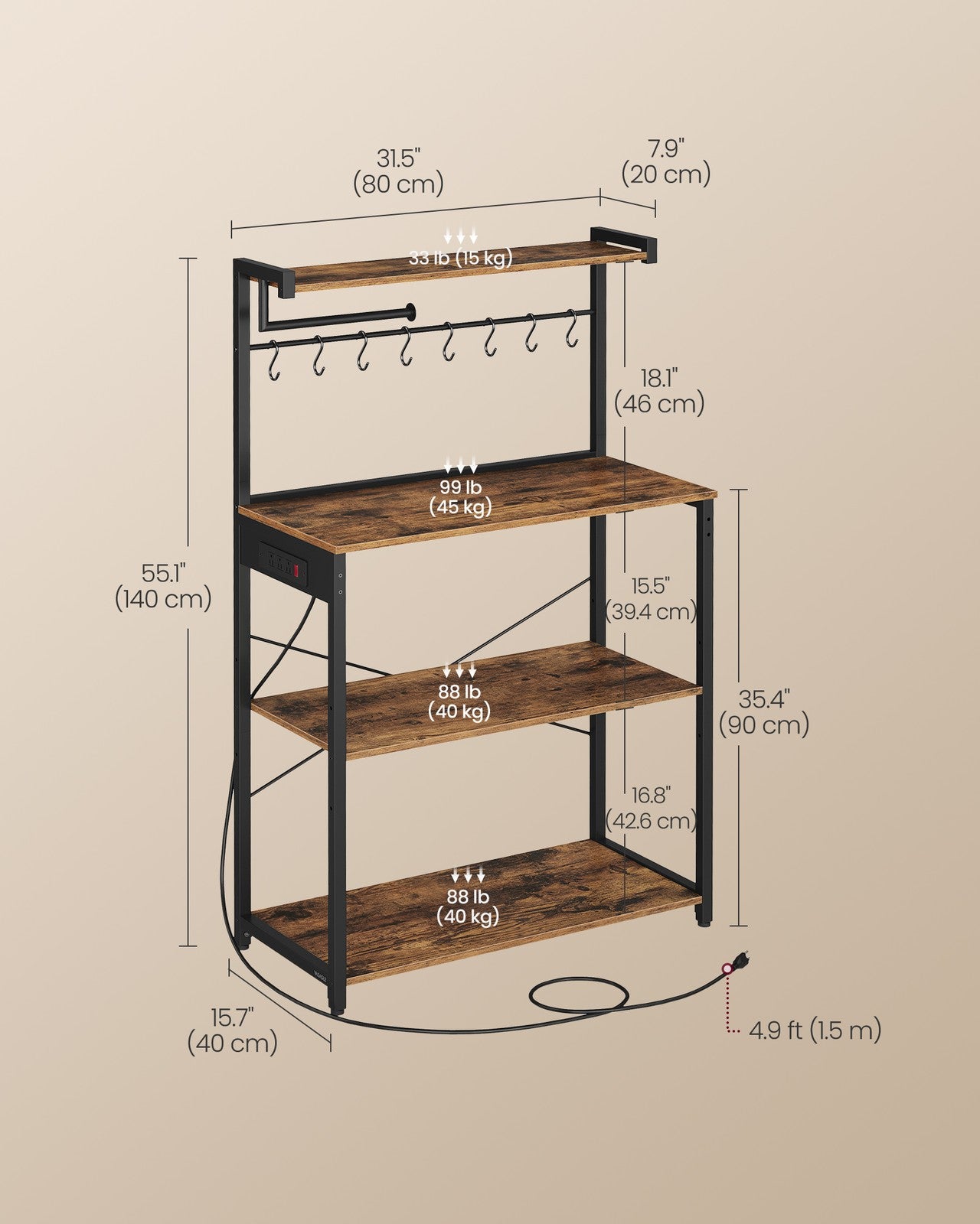 VASAGLE Barnet Kitchen Bakers Rack with Power Outlet – Rustic Brown, Ink Black