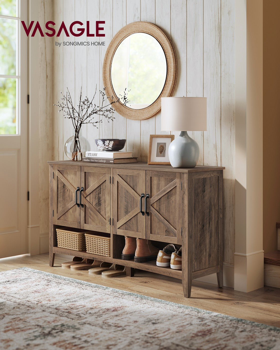 VASAGLE 3-Tier Shoe Cabinet, Farmhouse Style – Honey Brown
