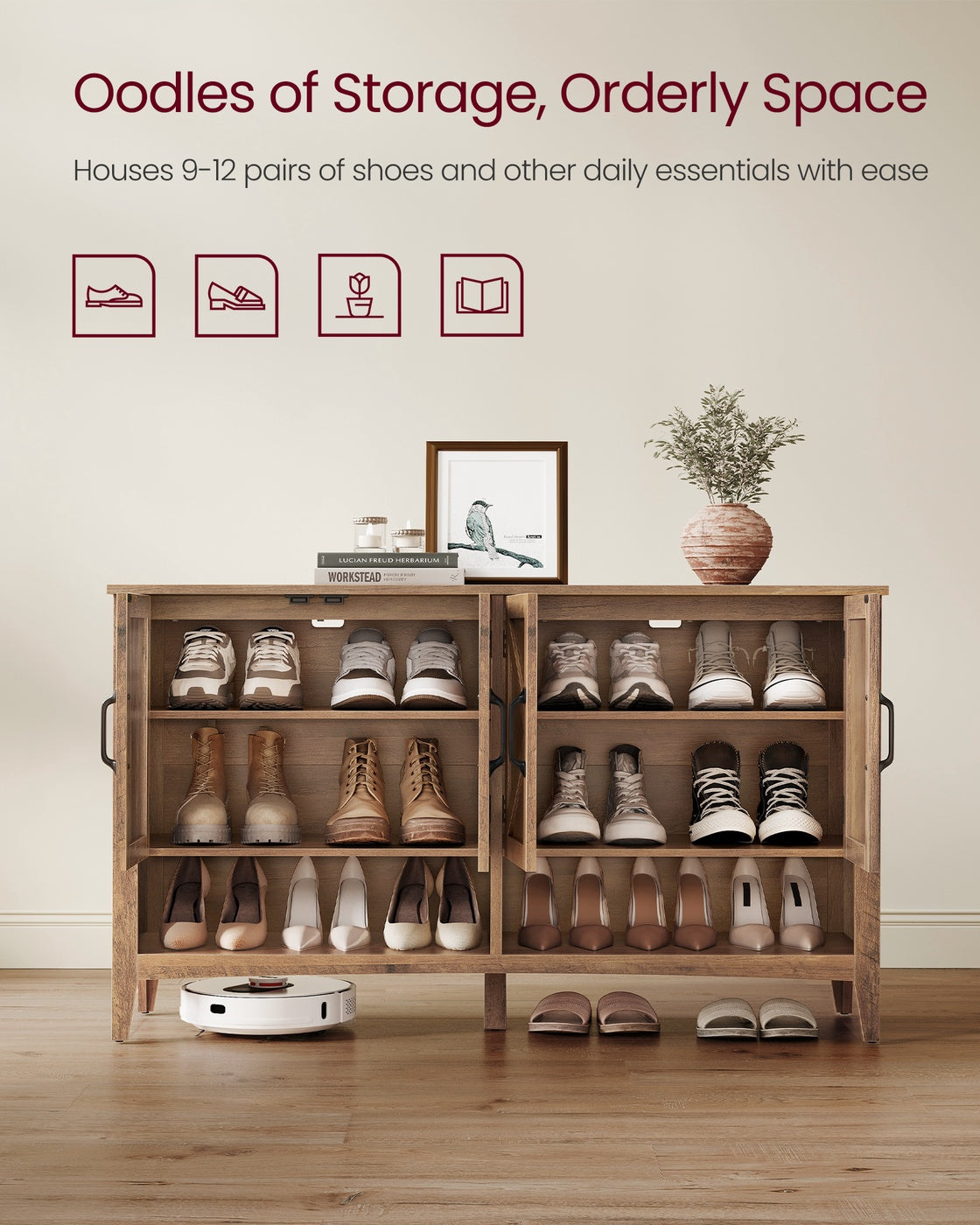 VASAGLE 3-Tier Shoe Cabinet, Farmhouse Style – Honey Brown