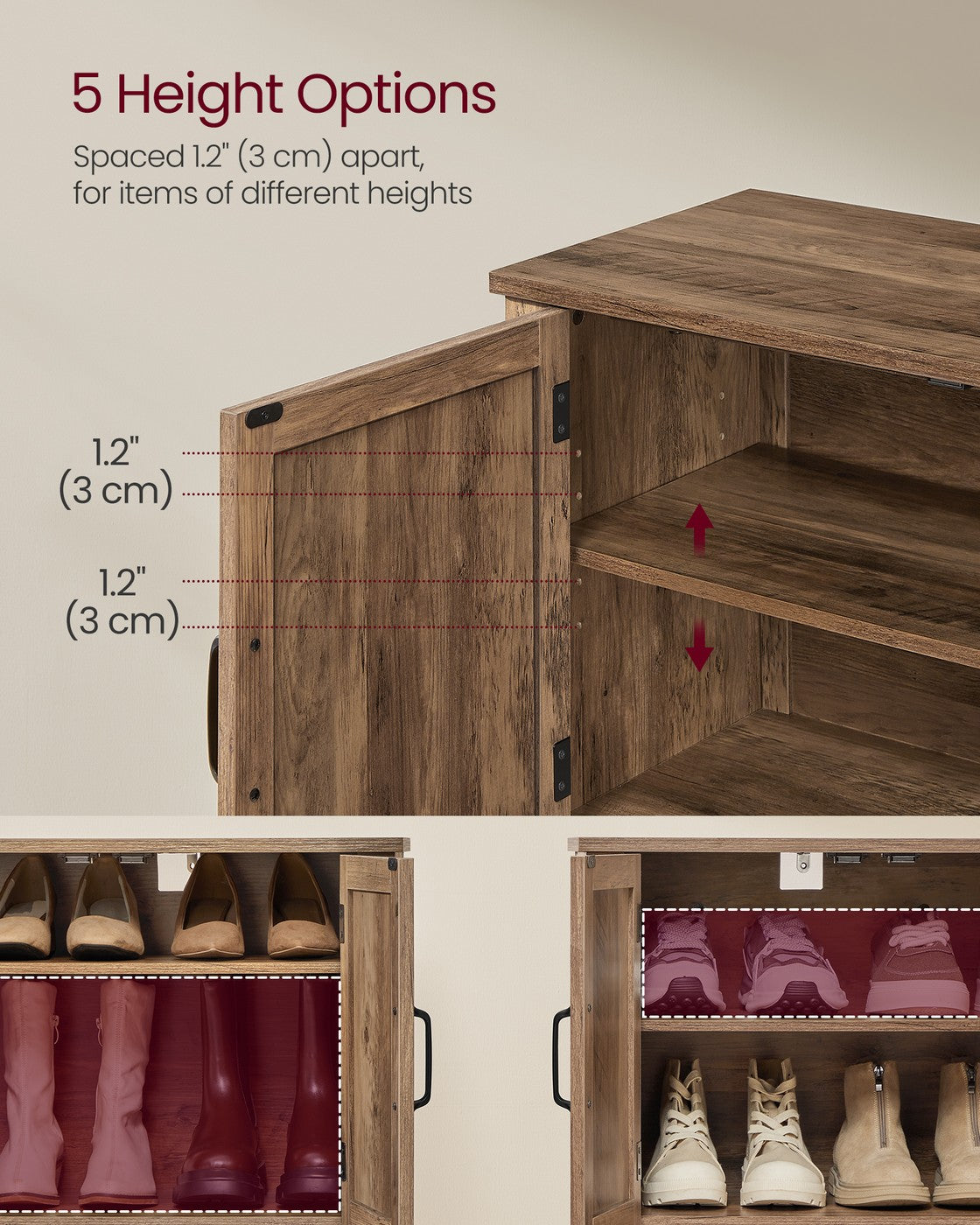 VASAGLE 3-Tier Shoe Cabinet, Farmhouse Style – Honey Brown