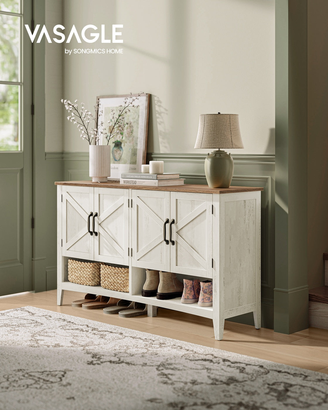 VASAGLE 3-Tier Shoe Cabinet, Farmhouse Style – Rustic White
