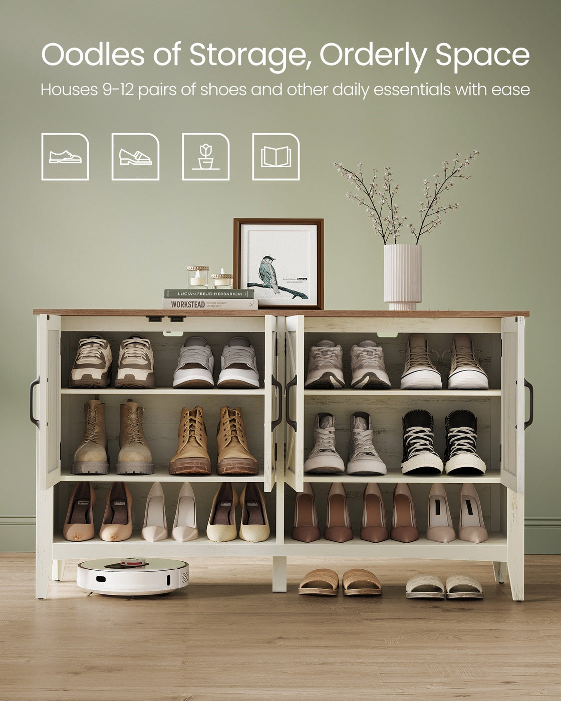 VASAGLE 3-Tier Shoe Cabinet, Farmhouse Style – Rustic White