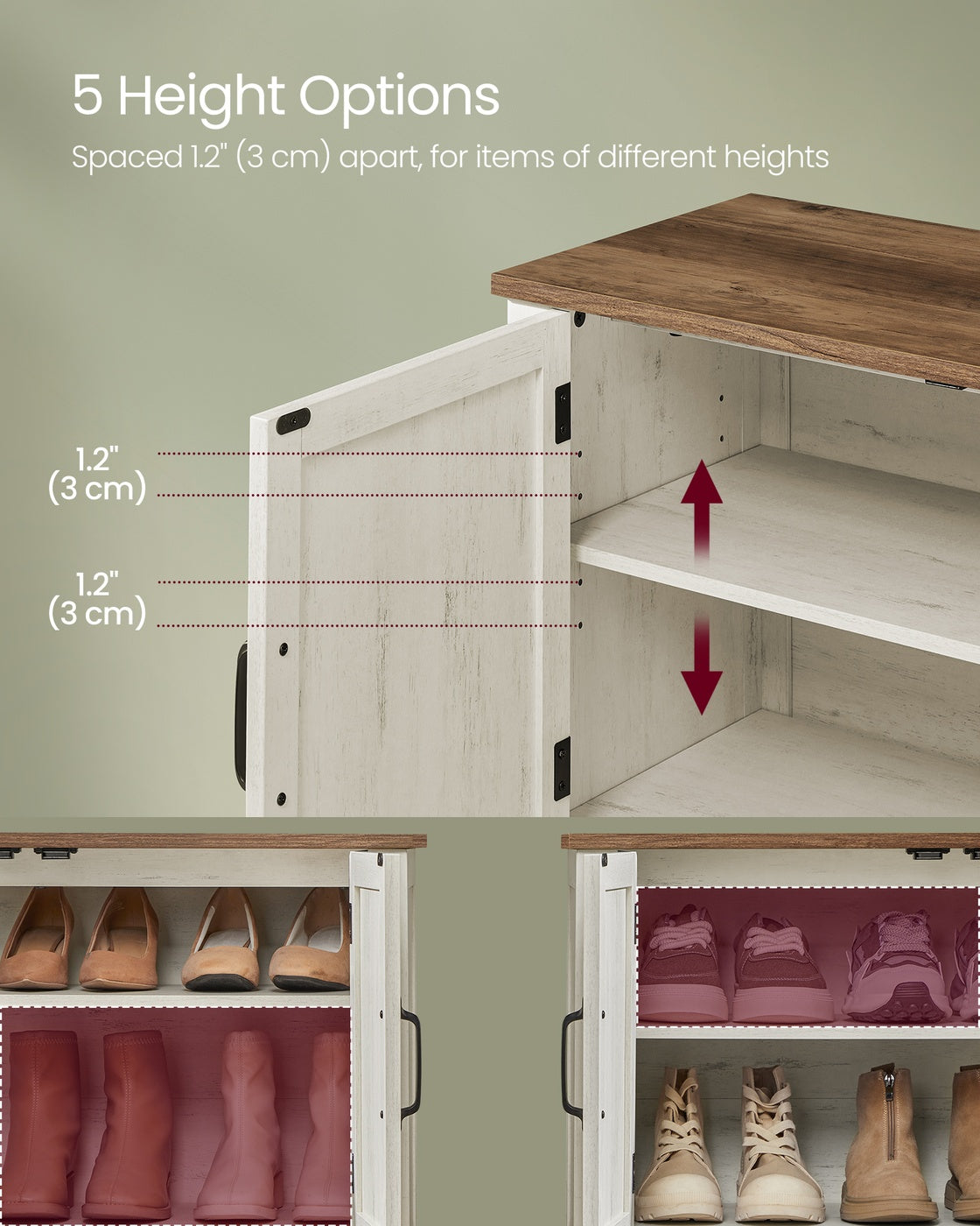 VASAGLE 3-Tier Shoe Cabinet, Farmhouse Style – Rustic White