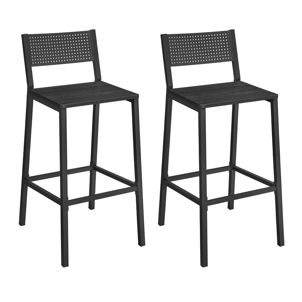 VASAGLE Industrial Bar Stools, Set of 2, Rustic Brown, 28.5" Seat, Ergonomic Backrest – Charcoal Gray, Black