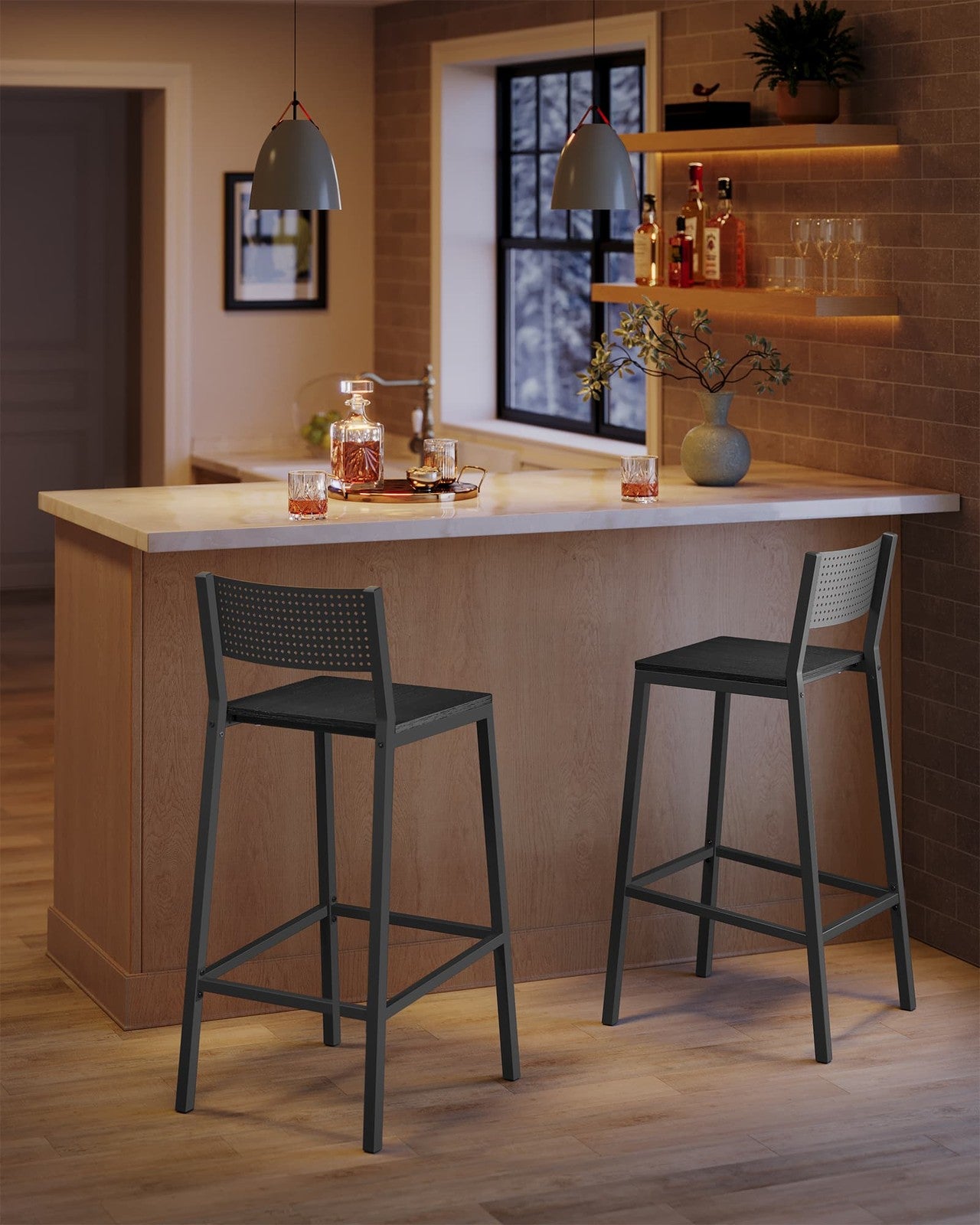 VASAGLE Industrial Bar Stools, Set of 2, Rustic Brown, 28.5" Seat, Ergonomic Backrest – Charcoal Gray, Black