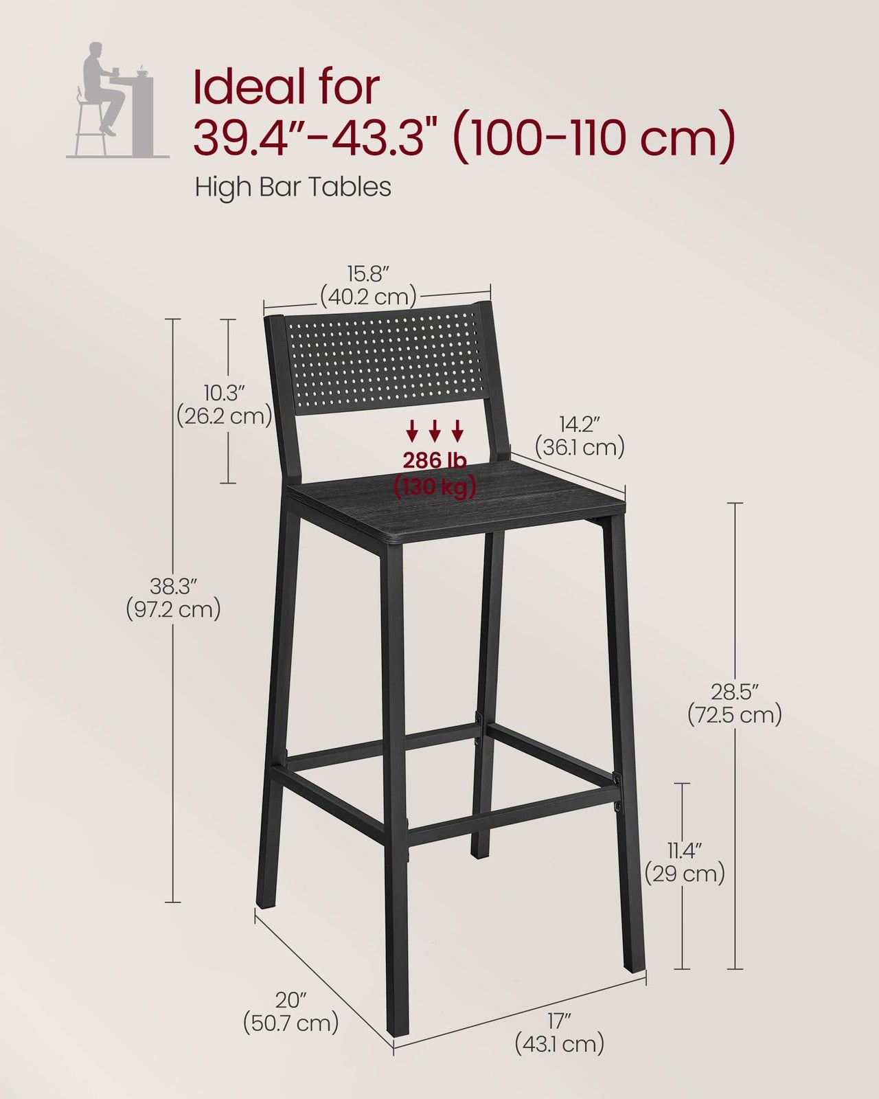 VASAGLE Industrial Bar Stools, Set of 2, Rustic Brown, 28.5" Seat, Ergonomic Backrest – Charcoal Gray, Black