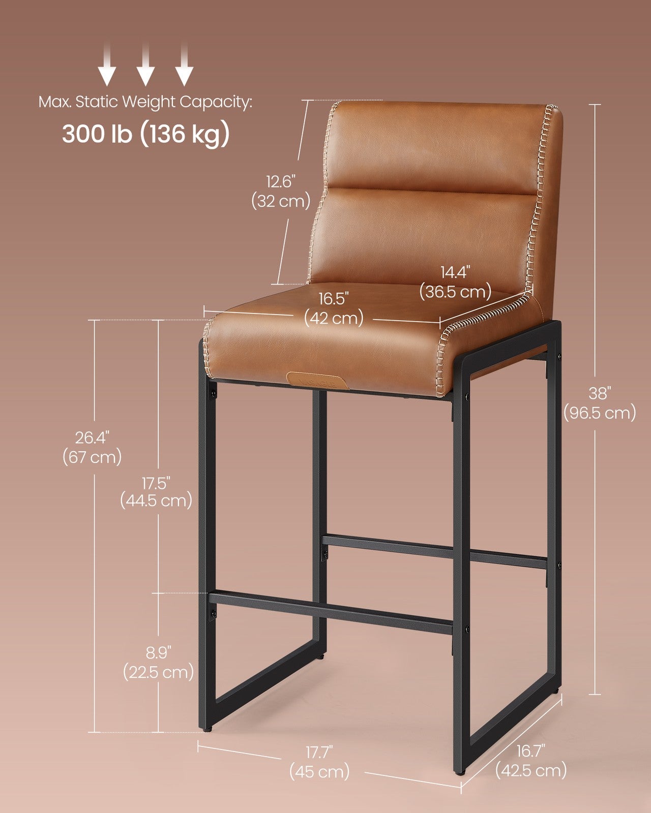 VASAGLE Ekho Bar Stools Set of 4, Counter Height Stools with Backs, Caramel Brown