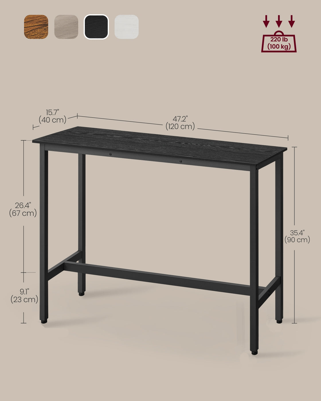 VASAGLE Narrow Bar Table with Metal Frame – Ebony Black, Ink Black