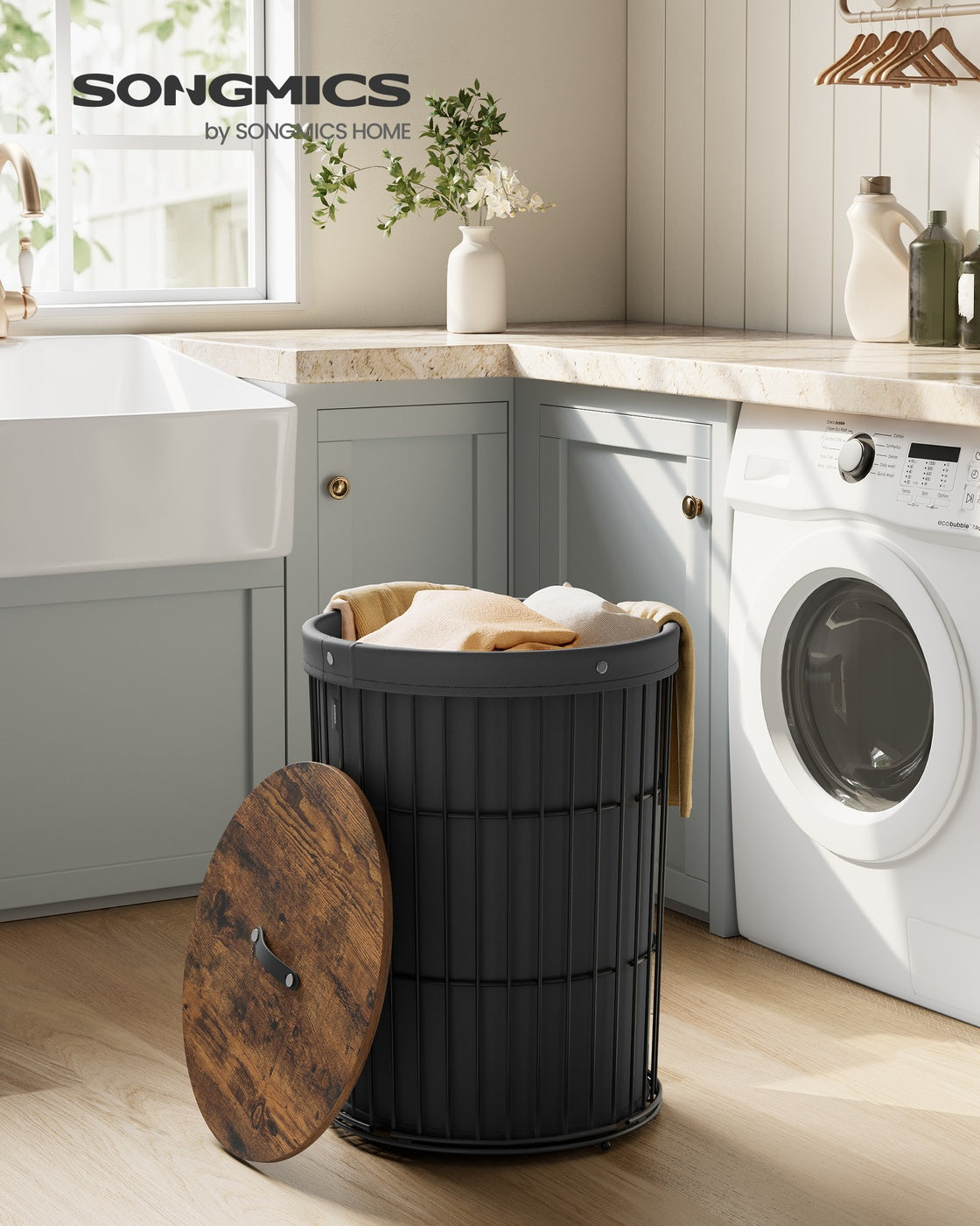 SONGMICS Round Laundry Hamper with Lid, 25 Gallons, Black – Ink Black