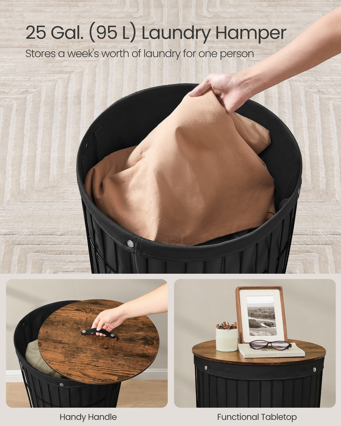 SONGMICS Round Laundry Hamper with Lid, 25 Gallons, Black – Ink Black