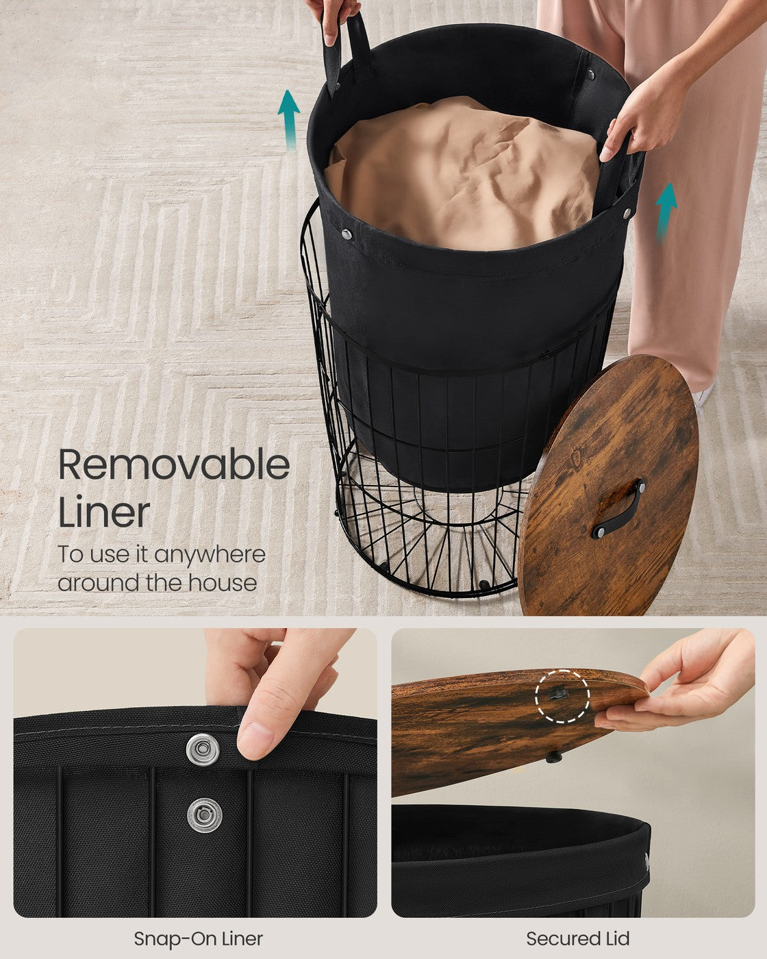 SONGMICS Round Laundry Hamper with Lid, 25 Gallons, Black – Ink Black