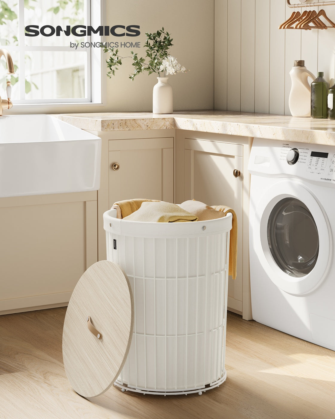 SONGMICS Round Laundry Hamper with Lid, 25 Gallons, White – Cream White